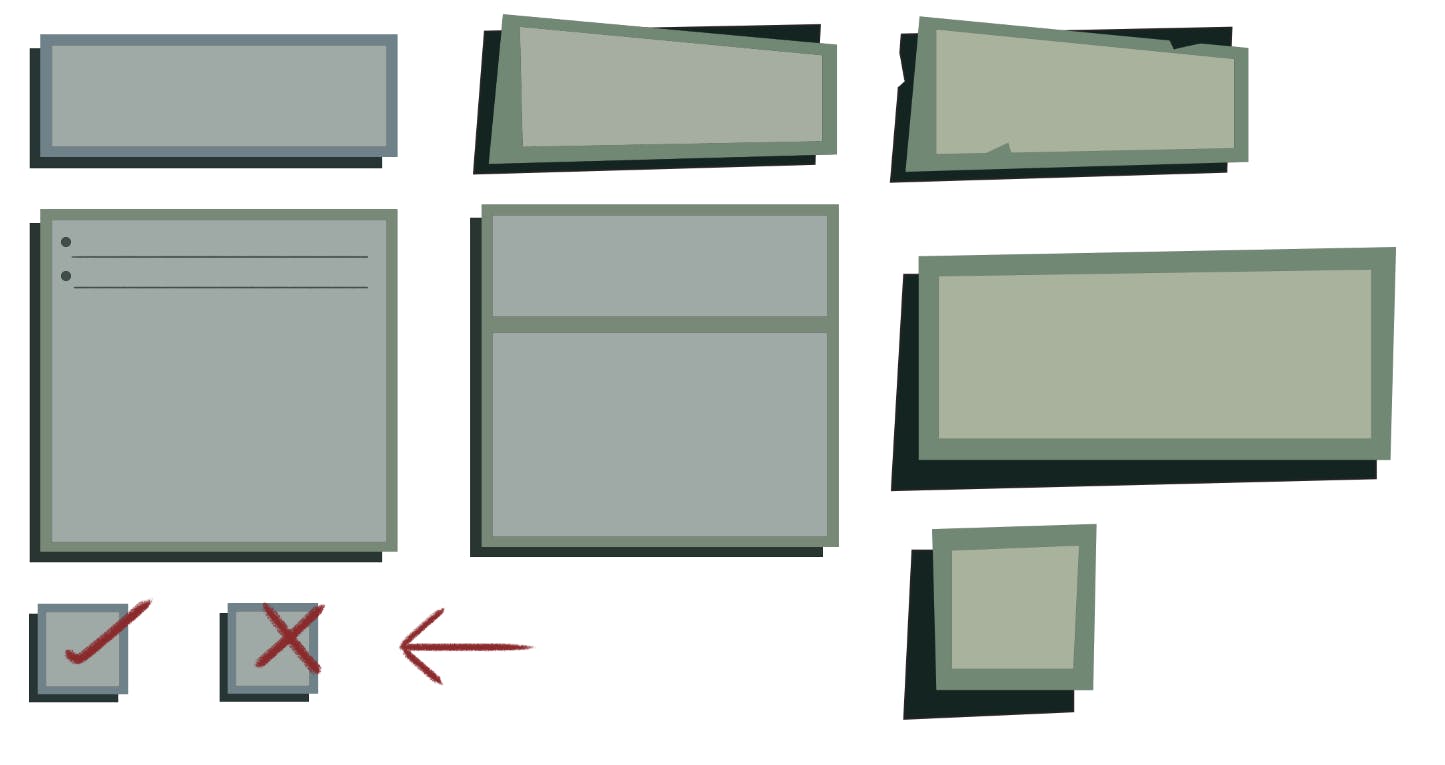 A screenshot of geometric buttons and menus for the UI design, in pale green and grey. There are also some hand-drawn ticks, crosses and arrows in red.