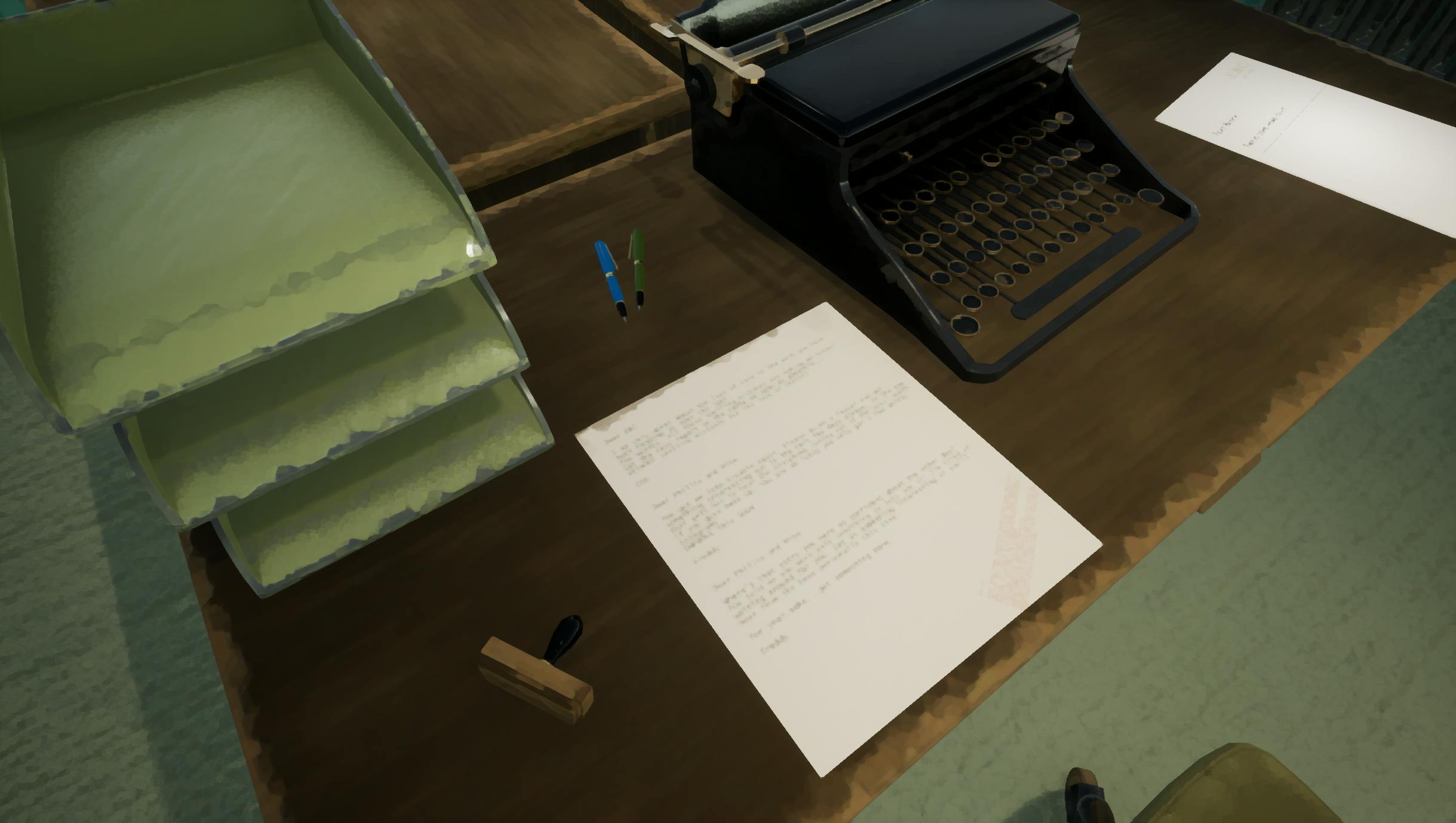 A screenshot from The Kraken Wakes: a desk with a green-grey stack of trays, a few sheets of paper and pens, and a black typewriter. 