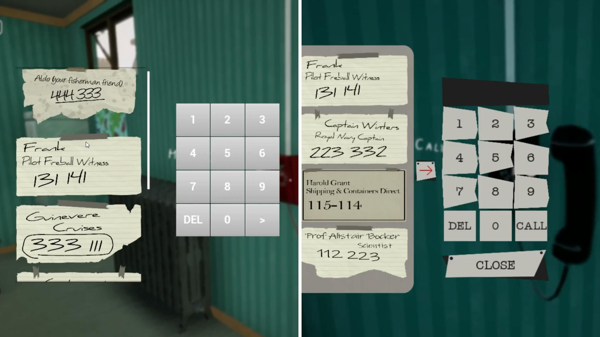 Before and after screenshots of the phone interface. On the left, the numbers are displayed in a neat, pale grey grid of perfect squares. On the right, the numbers are displayed on paper-coloured, irregular shaped boxes, using a typewriter-style font. 