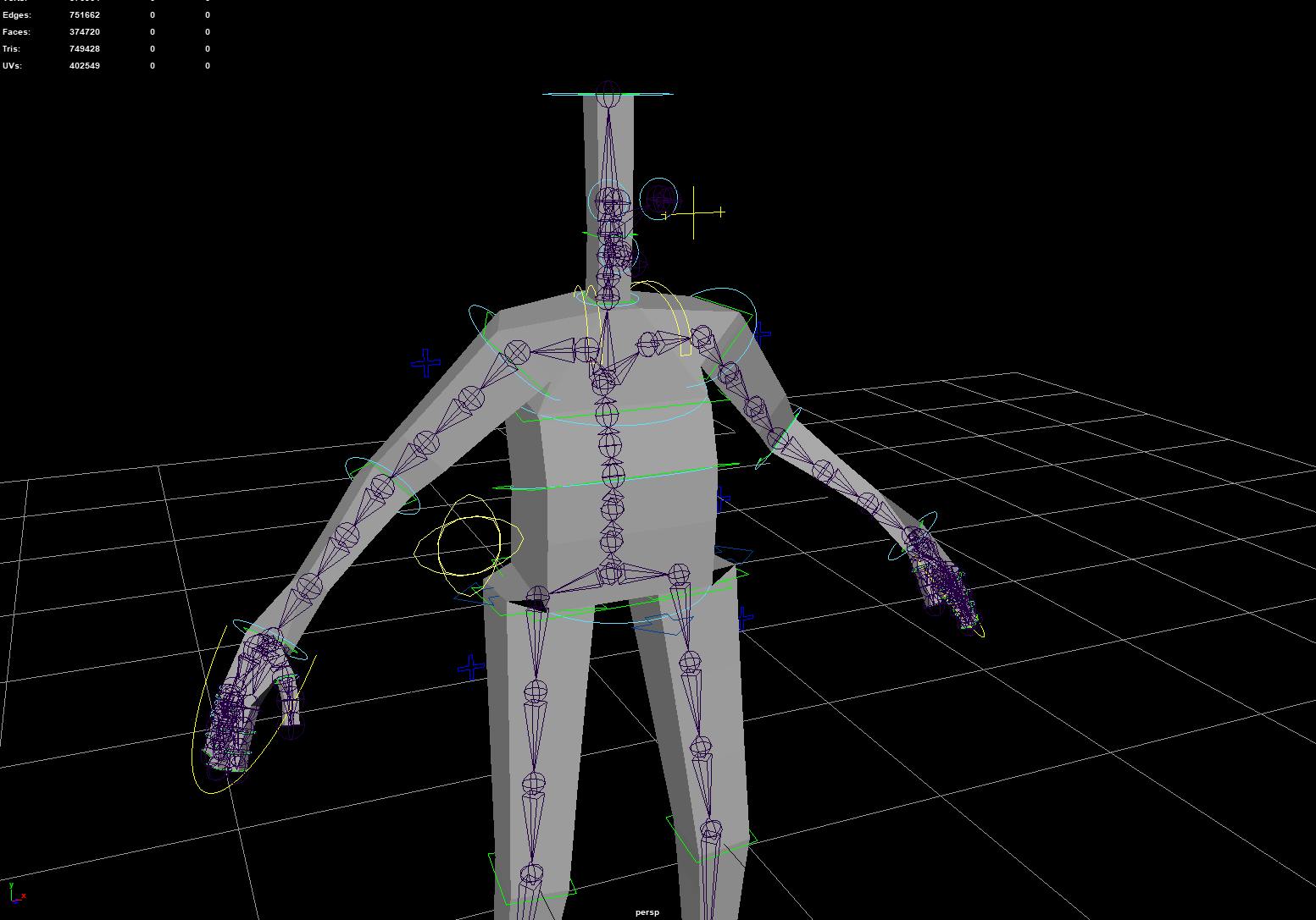 A screenshot of the rigging process. A basic grey body shape on a black background, with a purple skeleton structure visible inside, and yellow, green and blue lines in various places on the model. 