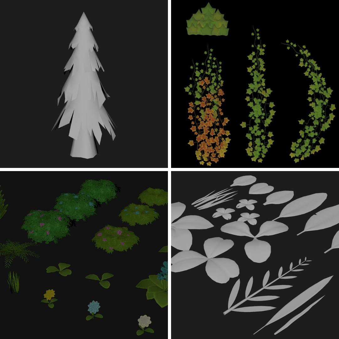 A grid showing four screenshots of garden assets. Clockwise, beginning in the top left: a grey, untextured 3D model of a pine tree; textured ivy vines, two green, one green turning to yellow and orange; a selection of grey, untextured models of different kinds of leaves and flowers; a selection of textured flowers and bushes, including bushes with pink and blue flowers, and individual yellow, blue and pink flowers. 