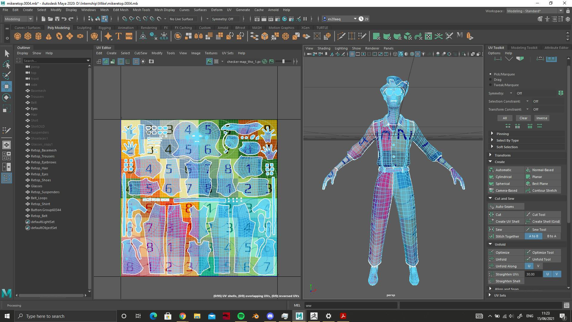 A screenshot of the UV-unwrapping process. On the left, a series of coloured squares overlaid with 2D images – the "unwrapped" version of a model. On the right, the corresponding 3D model. The model shown is of Mike, a man with short hair and glasses. 