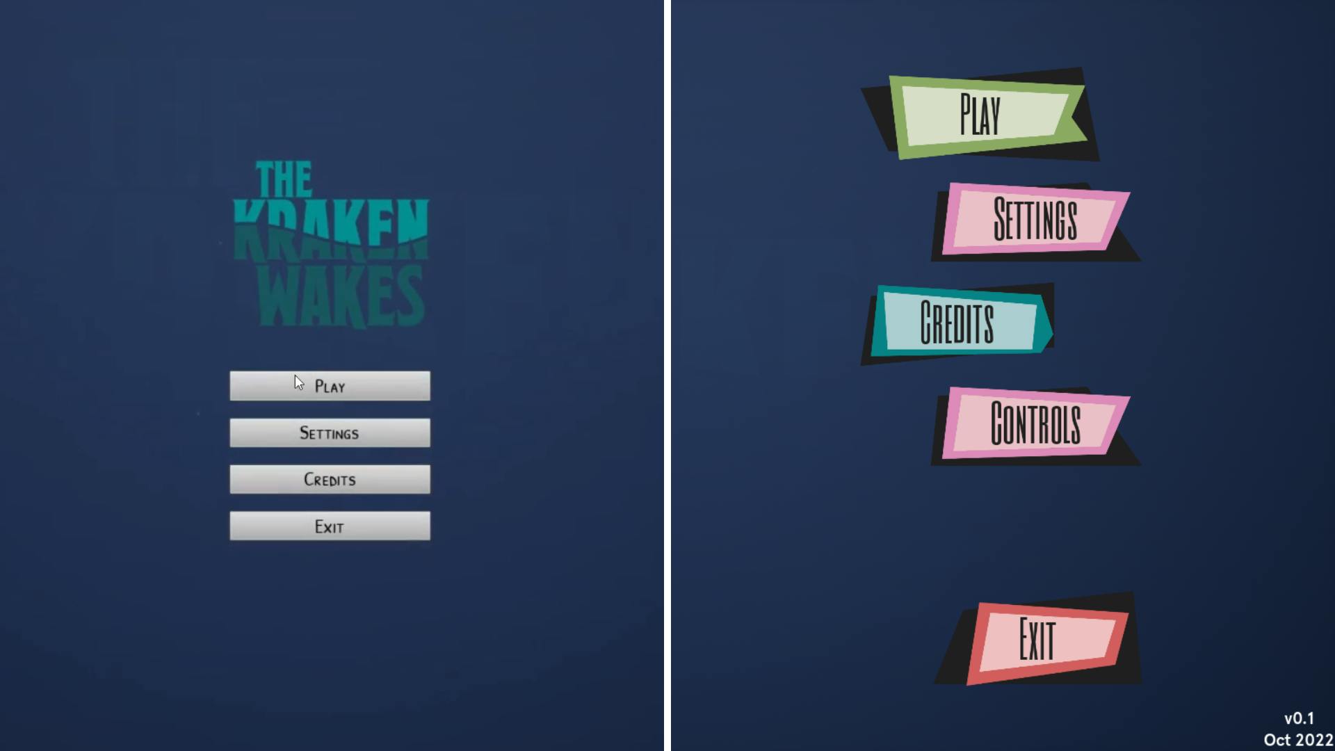 Before and after screenshots of the main menu. On the left, 'The Kraken Wakes' turquoise logo, and a column of small, rectangular, grey buttons on a dark blue background. On the right, a column of irregular shaped, geometric buttons in green, pink, blue and red, on a dark blue background. 