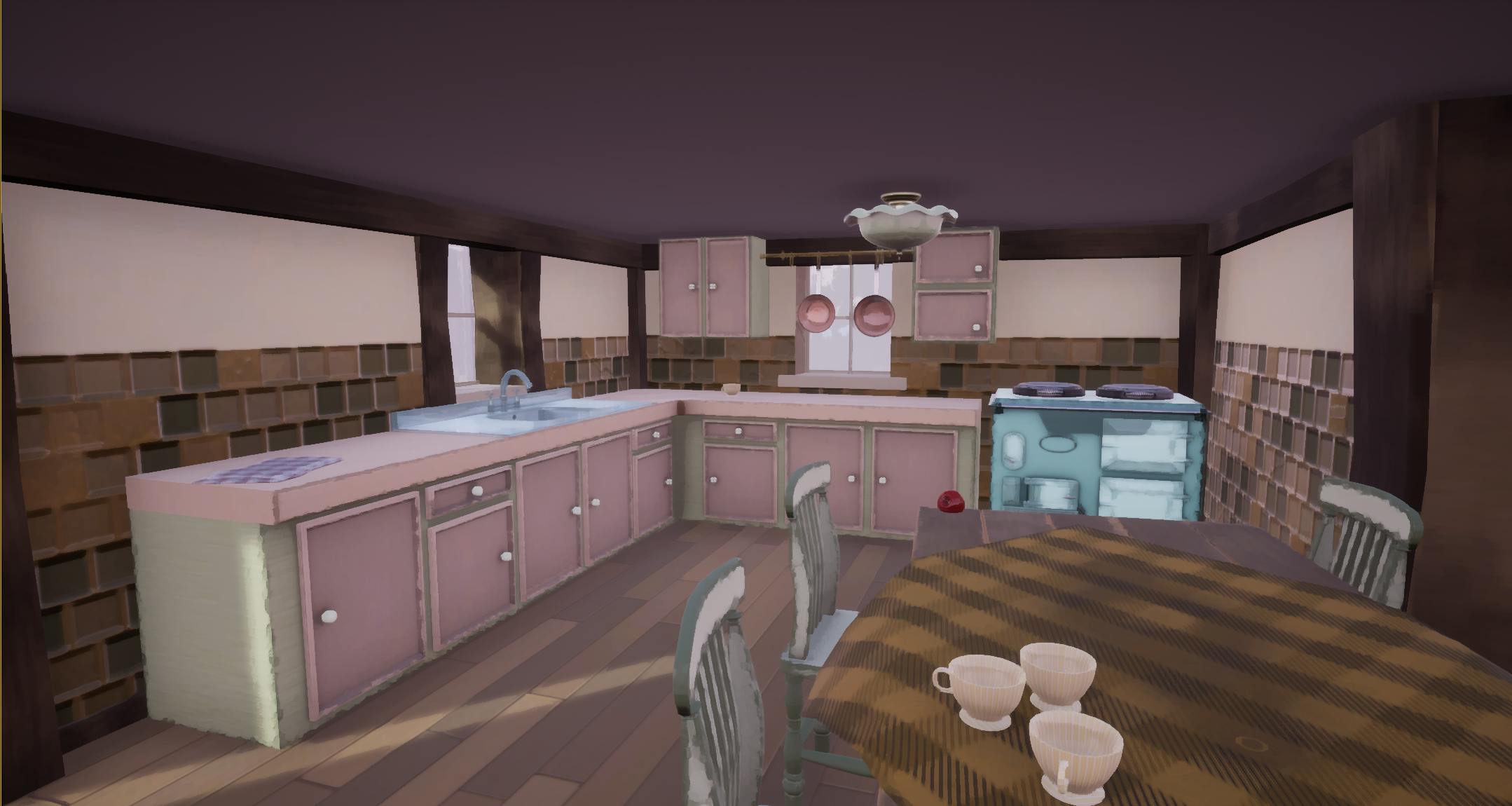 An image of the interior of Cornwall Cottage. In the foreground of the image is a table with a dark, checked tablecloth and three teacups. In the background is the kitchen, made up of cream and pink cabinets in an L-shape along two walls, a large square sink, and a silvery green aga. 