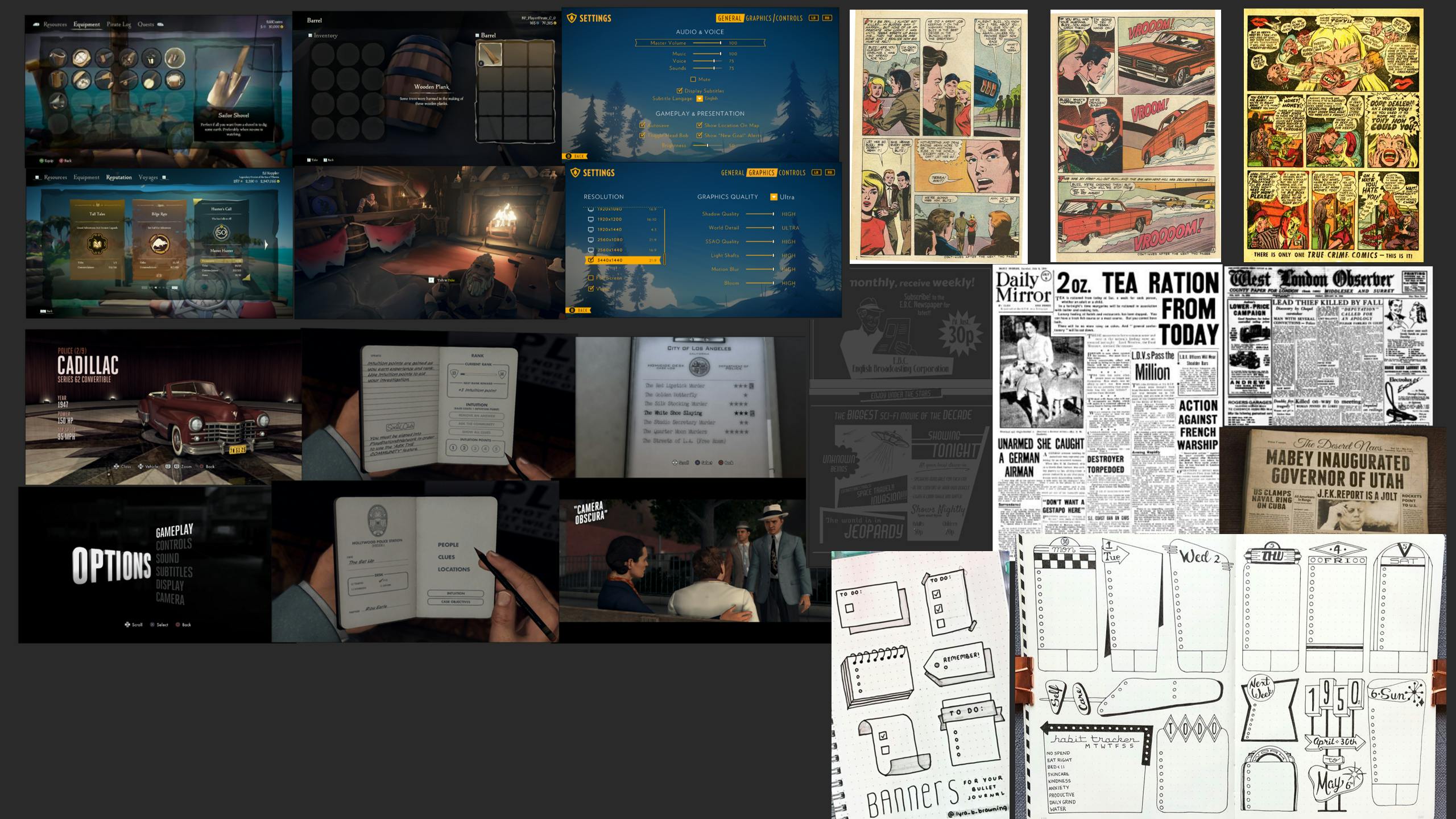 A moodboard showing a range of images, including brightly-coloured, retro cartoon strips, some screenshots of game menu screens, mostly in more muted palettes (blues, blacks and dark reds), and some black and white sketches of notebook pages. 