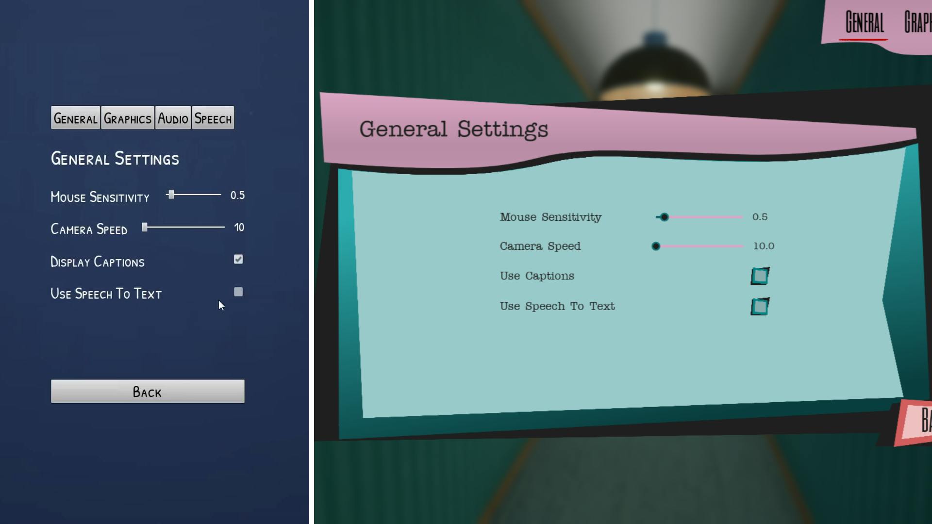 Before and after screenshots of the settings menu. On the left, pale grey buttons and white text on a dark blue background. On the right, a turquoise menu with a pink header; the header is separated from the menu by a wavy line. The text is in a type-writer font, in dark turquoise on a light turquoise background. 