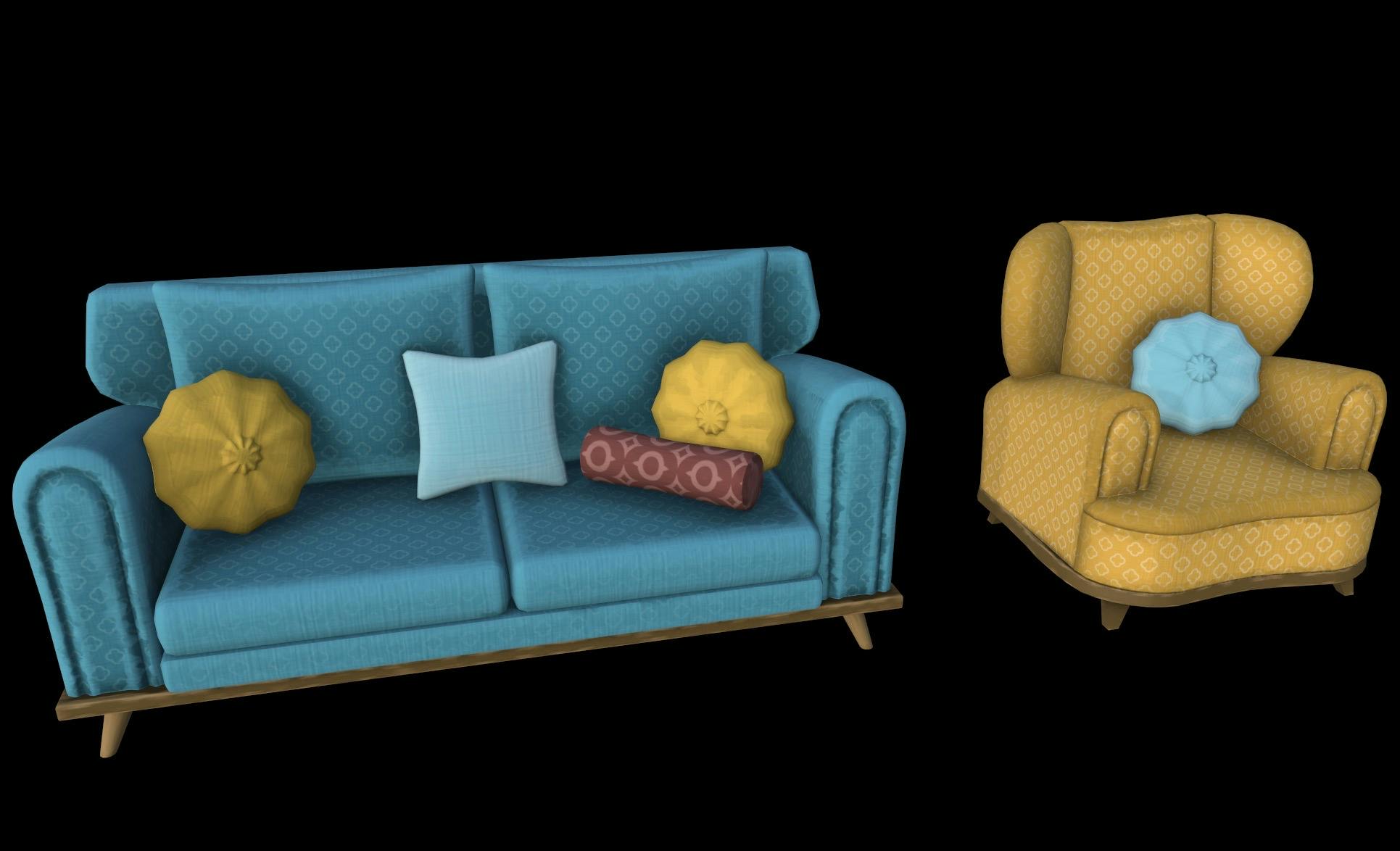3D, textured models of a sofa and an armchair. The sofa is teal blue, with two yellow pinwheel cushions, a pale blue square cushion, and a patterned maroon bolster cushion. The armchair is yellow, with a pale blue pinwheel cushion. 
