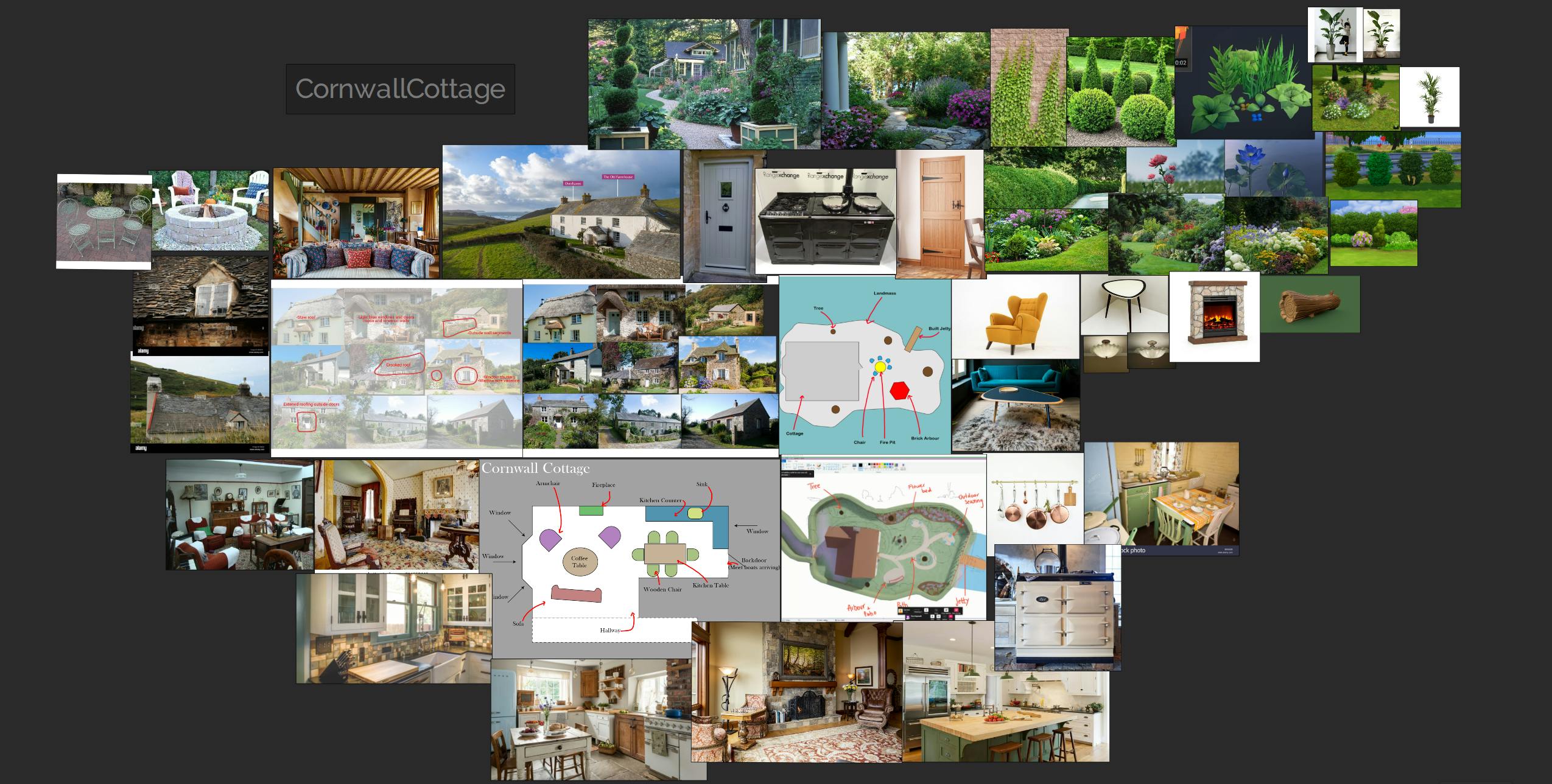 A screenshot of a moodboard: lots of photographs on a dark grey background, mainly showing cottage exteriors, cottage interiors, and gardens. 