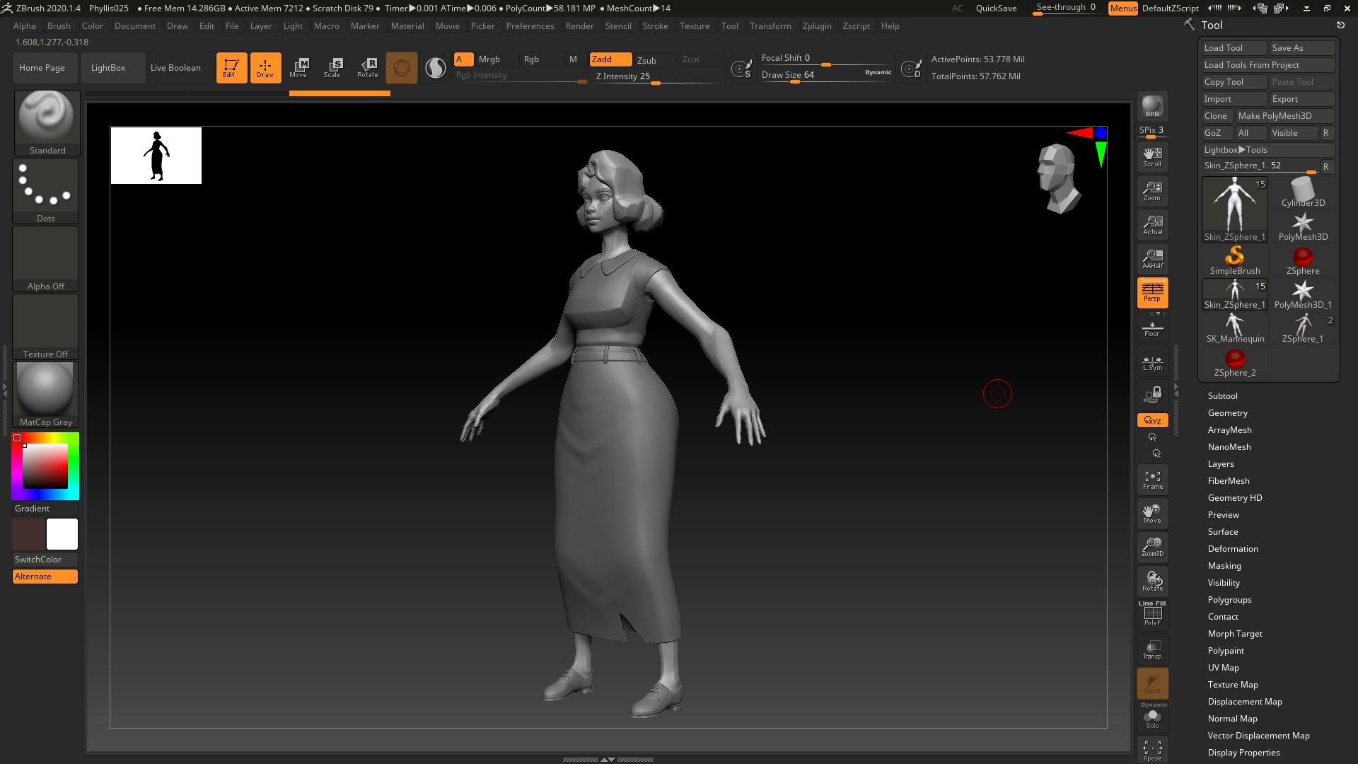 A screenshot of a character being modelled using a 3D sculpting computer program. In the middle of the screen is a grey 3D model of Phyllis, without any colours added yet.