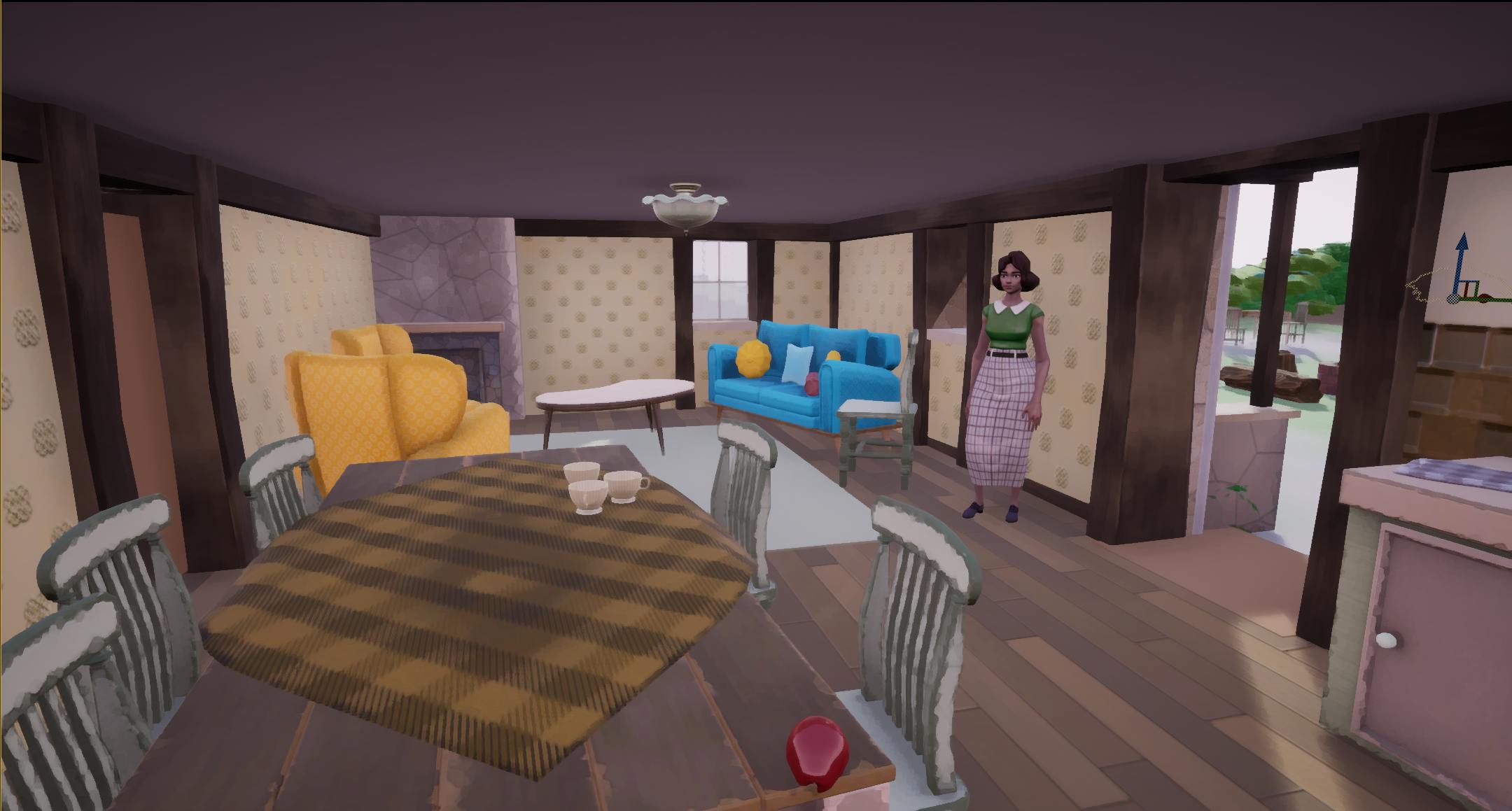 The inside of Cornwall Cottage. In the foreground is a table with a dark, checked tablecloth and six chairs. In the background is a blue sofa and a yellow chair, either side of a stone fireplace. The walls are papered with cream patterned paper. Phyllis, a black woman with medium-length, dark hair, a pale skirt and green top, is standing next to the open cottage door.
