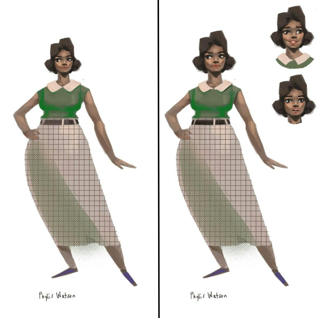 Two colour sketches of Phyllis, a black woman with short dark hair, wearing a green top and cream skirt. The sketch on the right has a slightly larger face. There are also two small sketches of Phyllis's face smiling in different ways.