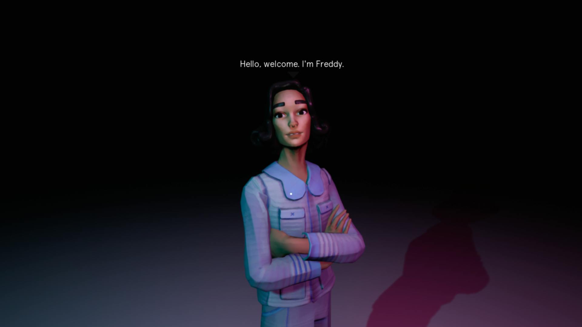3D game avatar of a woman in a blue suit, spotlit, against a dark background. Over her head is a speech bubble, reading "Hello. Welcome. I'm Freddy". 
