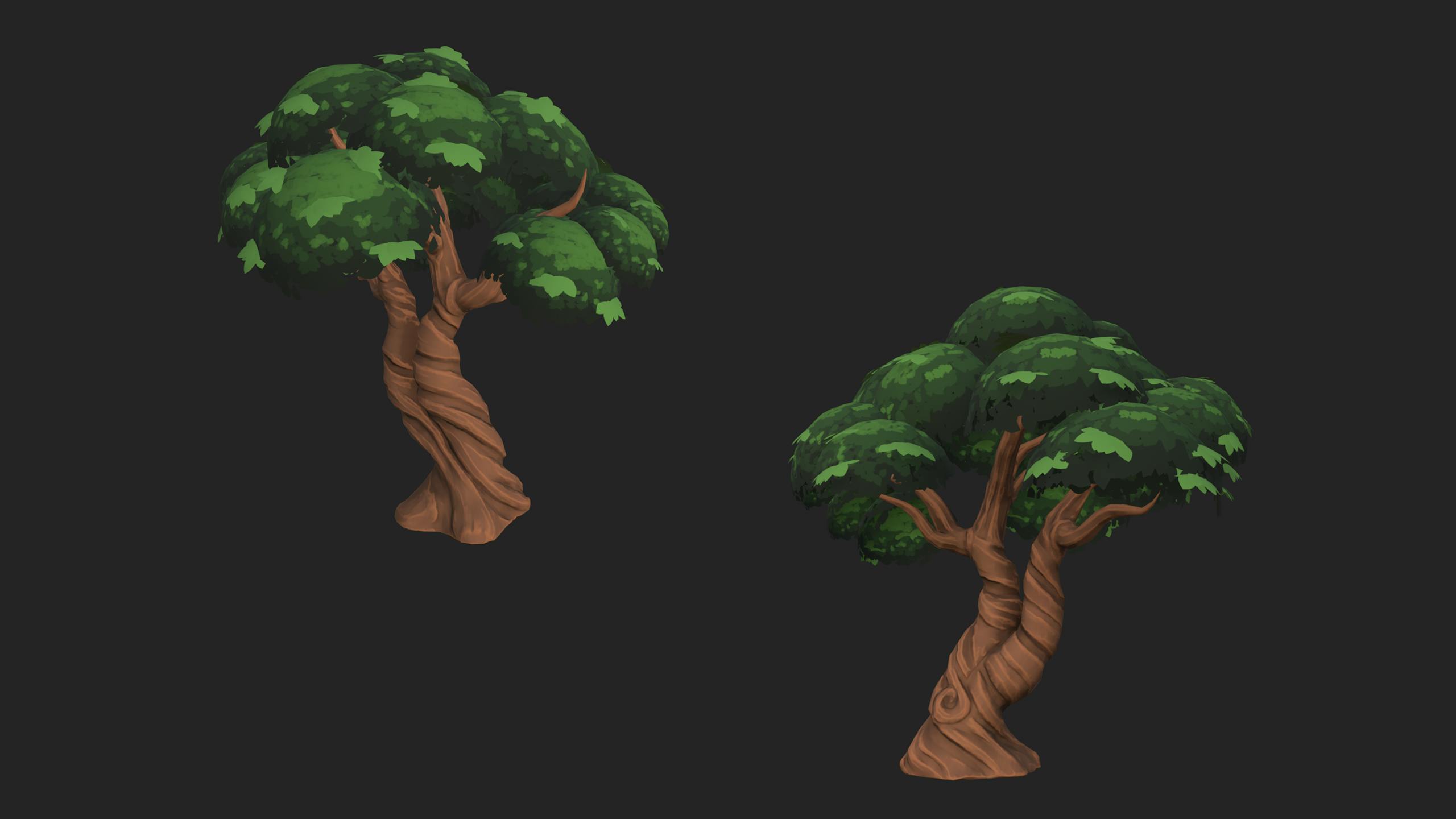 Two screenshots of a 3D, textured model of a tree. The tree is shaped like an oak tree, with a sturdy brown trunk covered in swirling bark, and a large covering of green leaves at the top.  