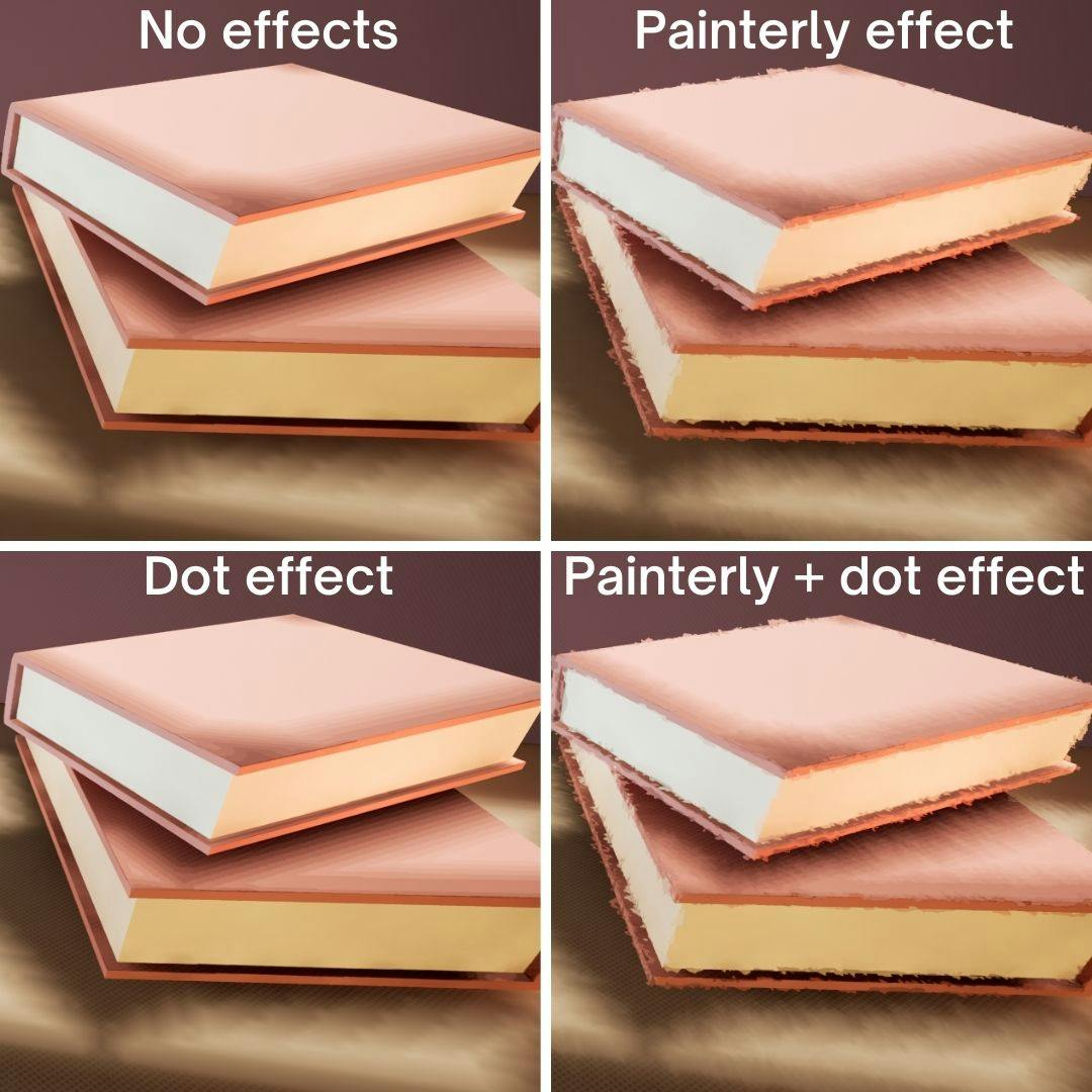 Four images in a two-by-two grid, all showing the same stack of two books with orange covers. Each image demonstrates a different post-processing approach: no effects, a painterly effect, a dot effect, and a painterly and dot effect combined.