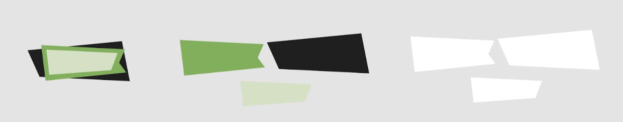On the left, a button comprising a pale green, irregular four-sided shape, with a darker green background, and a black background behind that. On the right, that same shape separated out into its component parts.