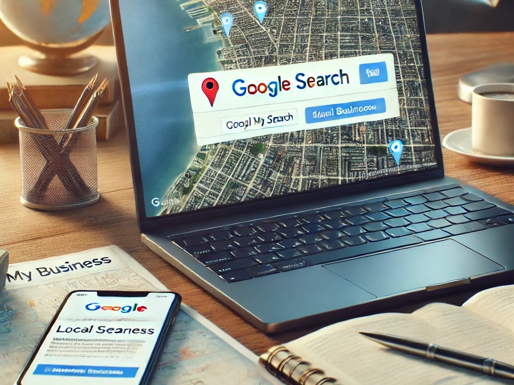 Un bureau professionnel avec un ordinateur portable affichant des résultats de recherche locale sur Google, un smartphone montrant un profil Google My Business, et des documents relatifs à des entreprises locales avec en arrière-plan une carte de la ville, symbolisant le référencement local pour les professions libérales.