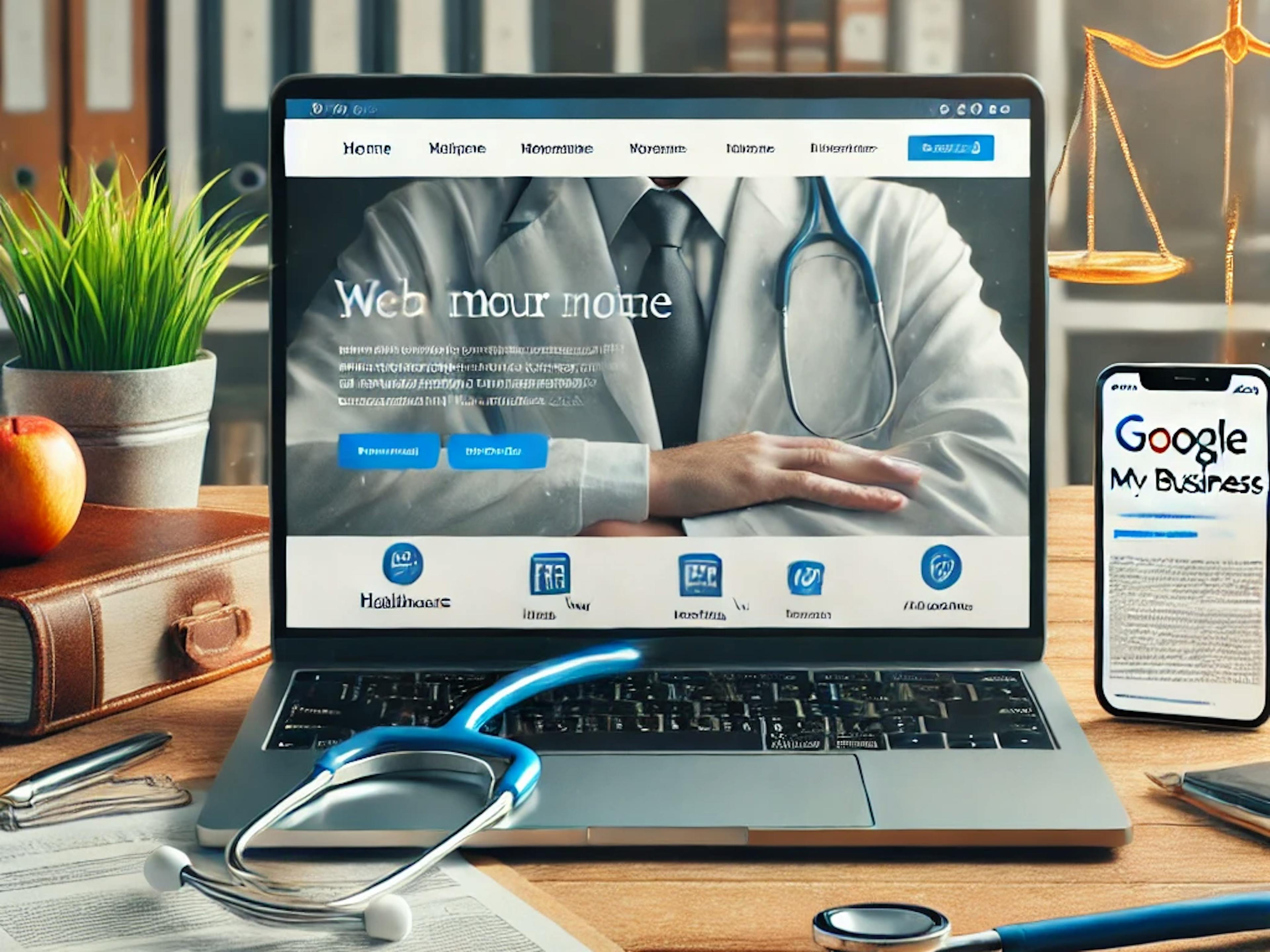Ordinateur portable affichant un site internet moderne et professionnel sur un bureau avec des documents, un stéthoscope et un dossier juridique, représentant les professions de la santé, du droit et de la comptabilité. En arrière-plan, une fiche Google My Business floue sur un téléphone symbolise la différence entre une présence en ligne de base et un site web développé.