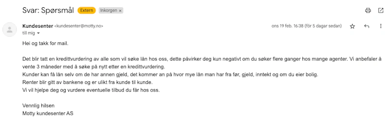Motty kundeservice svar