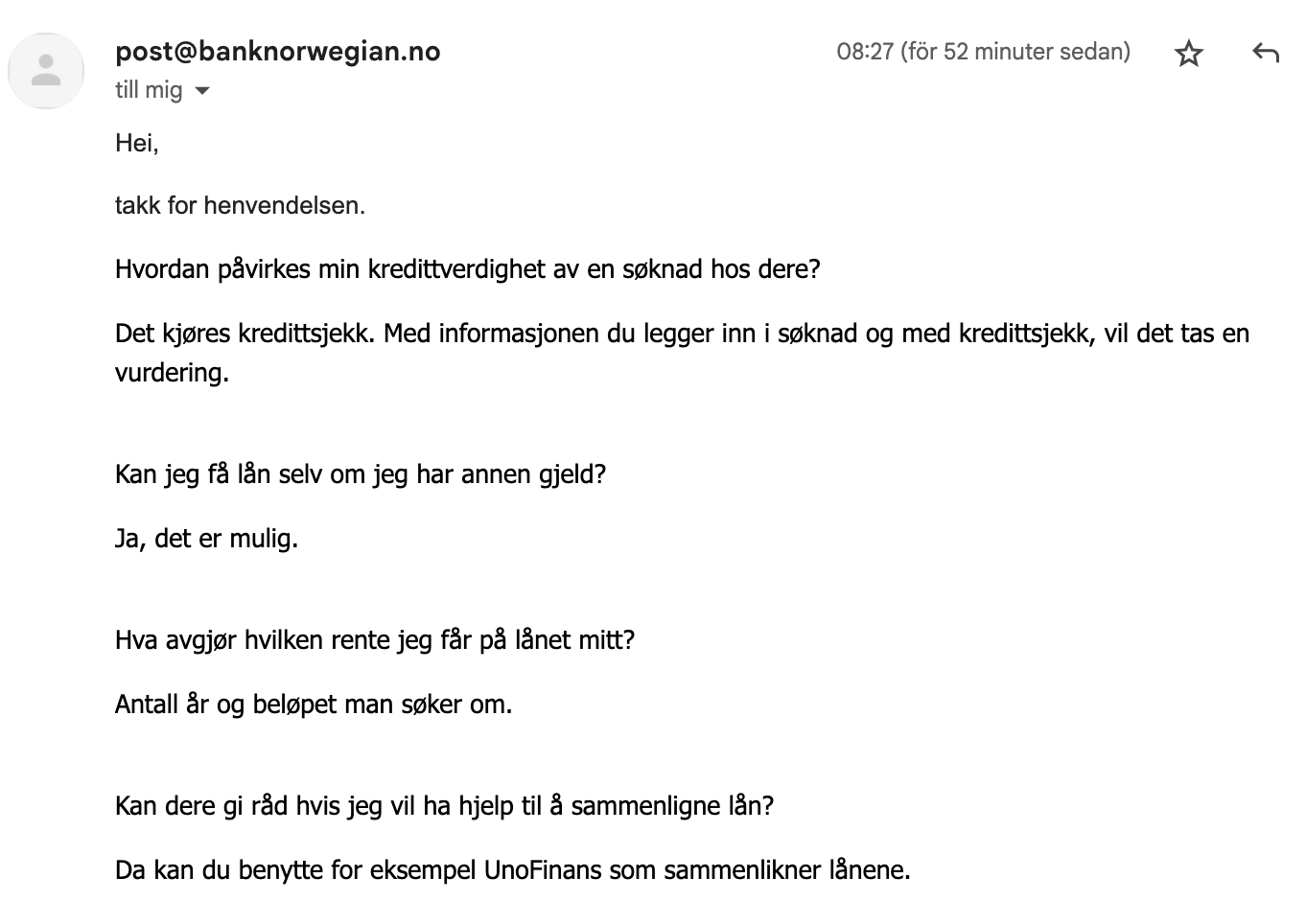 Bank Norwegian kundeservice svar