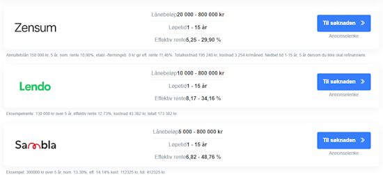 Forslag på passende banker og utlånere basert på det som er angitt i kalkulatoren.