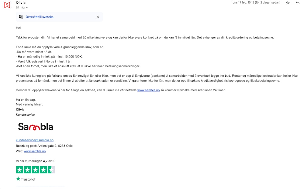 Sambla kundeservice svar