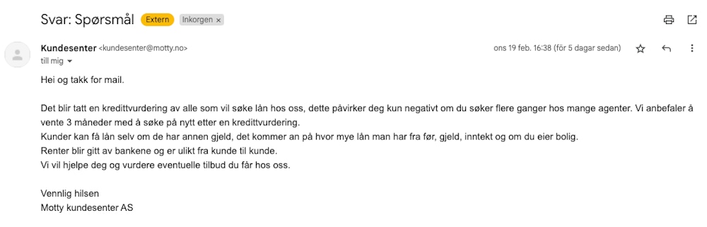 Motty kundeservice svar