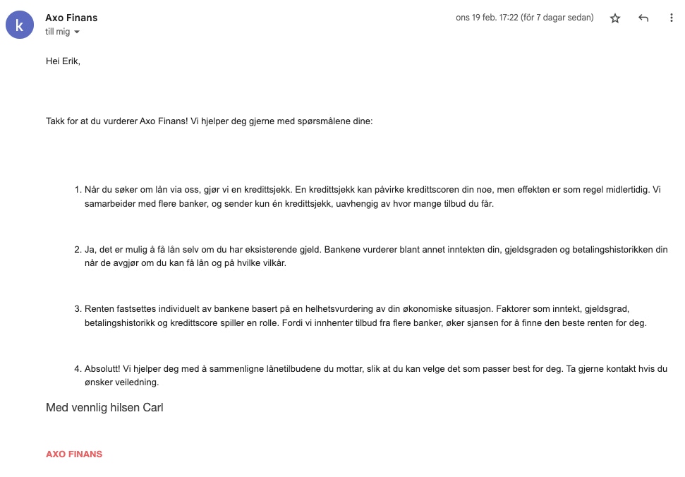 Axo Finans kundeservice svar