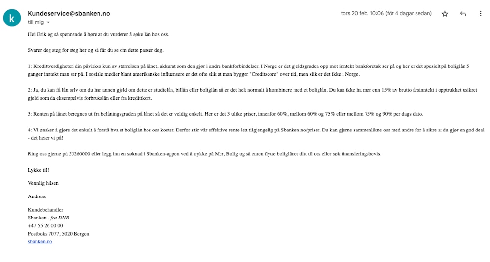 Sbanken kundeservice svar