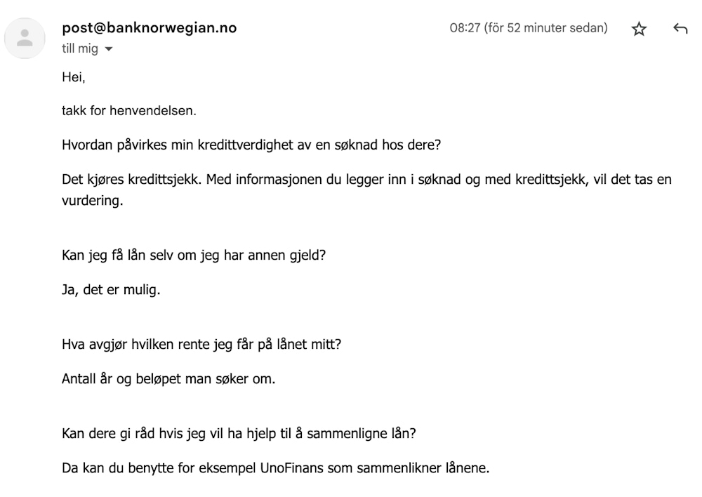 Bank Norwegian kundeservice svar