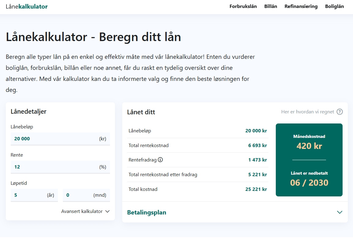 Lånekalkulator.nu printscreen