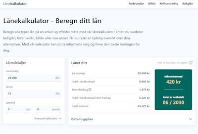Lånekalkulator.nu printscreen