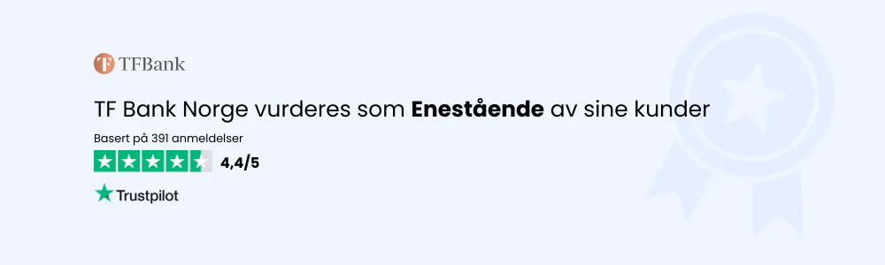 TF Bank har en vurdering på 4,4 av 5 stjerner på Trustpilot, basert på 391 anmeldelser.