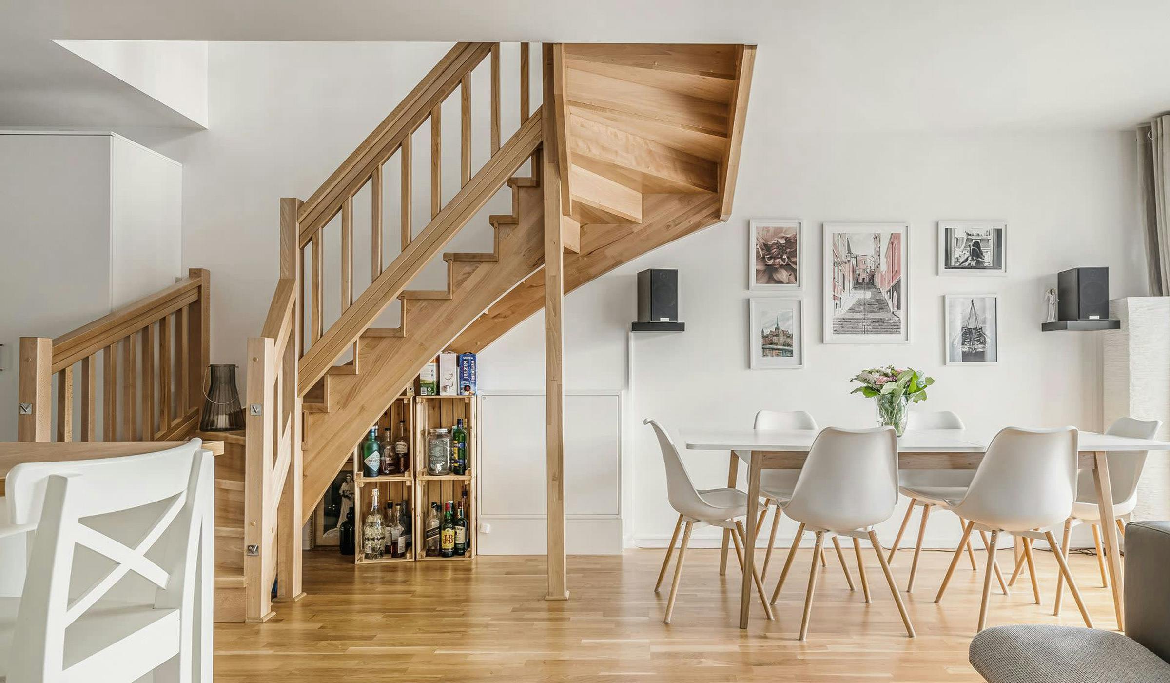 Wooden staircase with minimalistic interior design