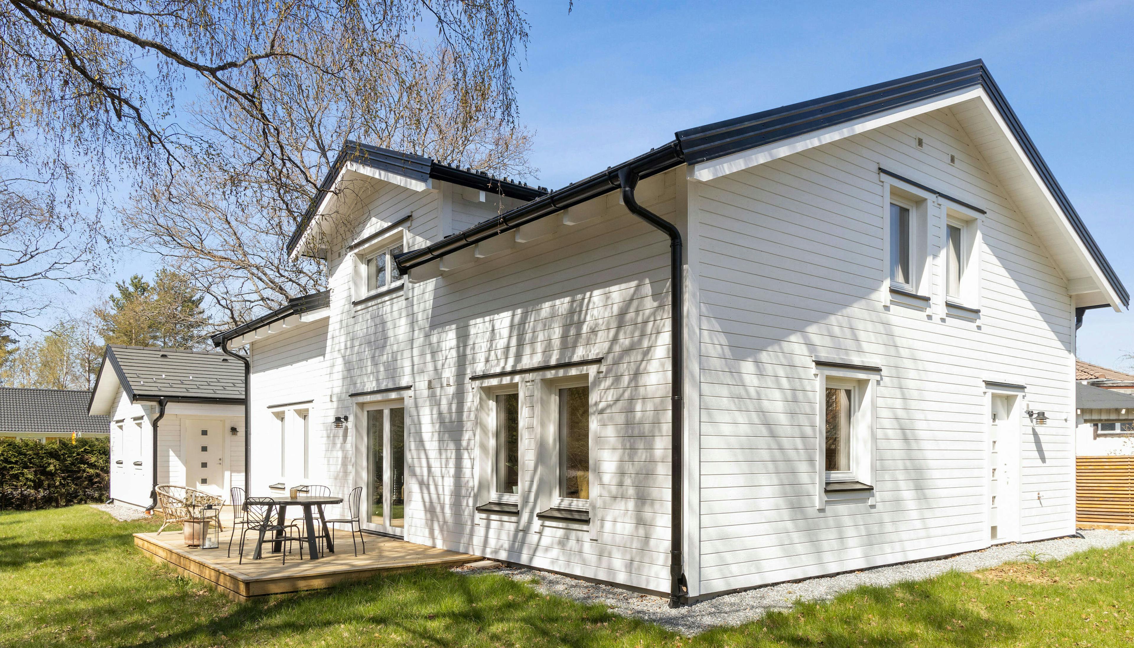 White-clad façade on a prefabricated house in Swedish style