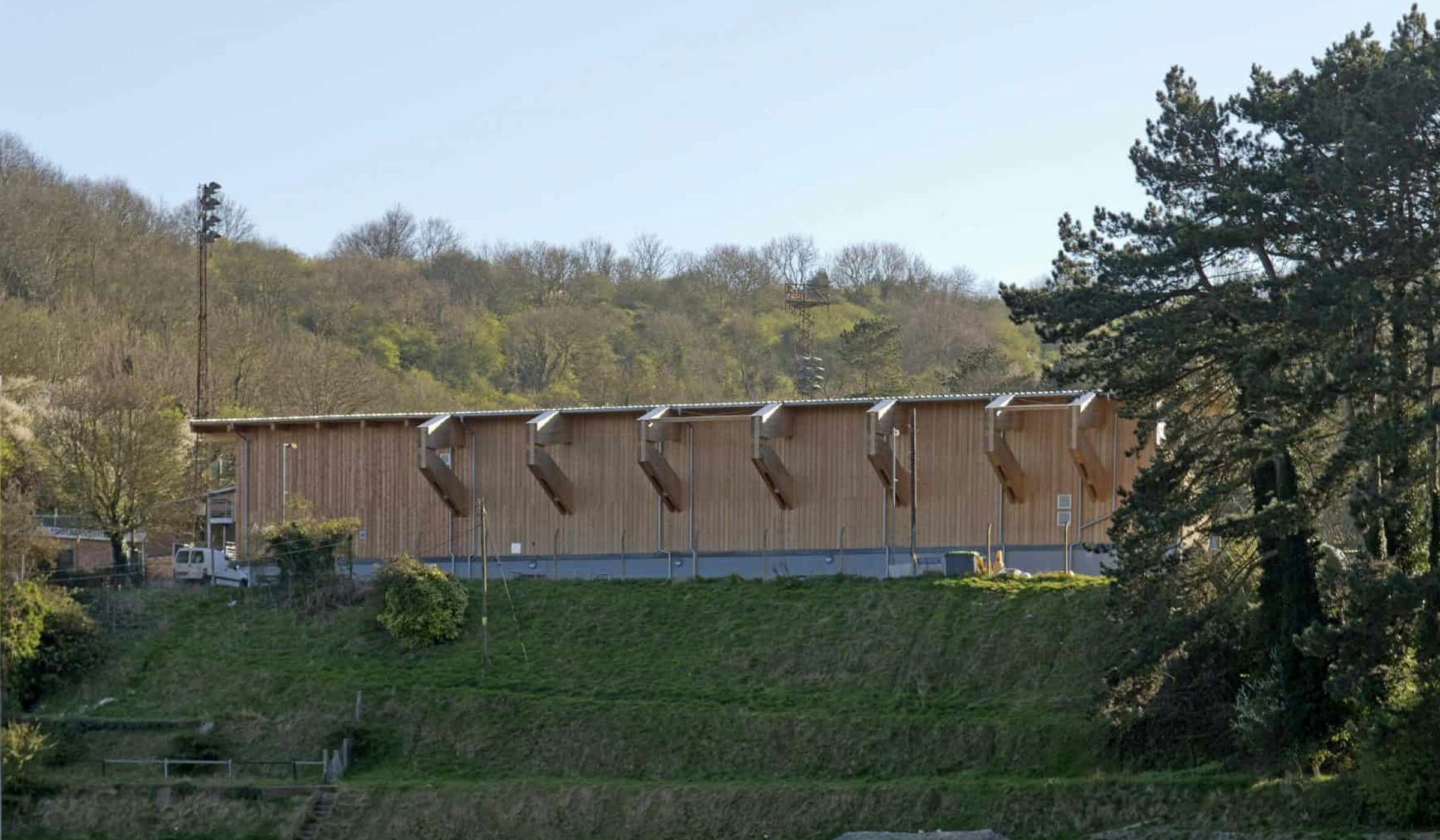 Back of the Dover Athletic Football Club Family Stand- built on a narrow site on a hillside