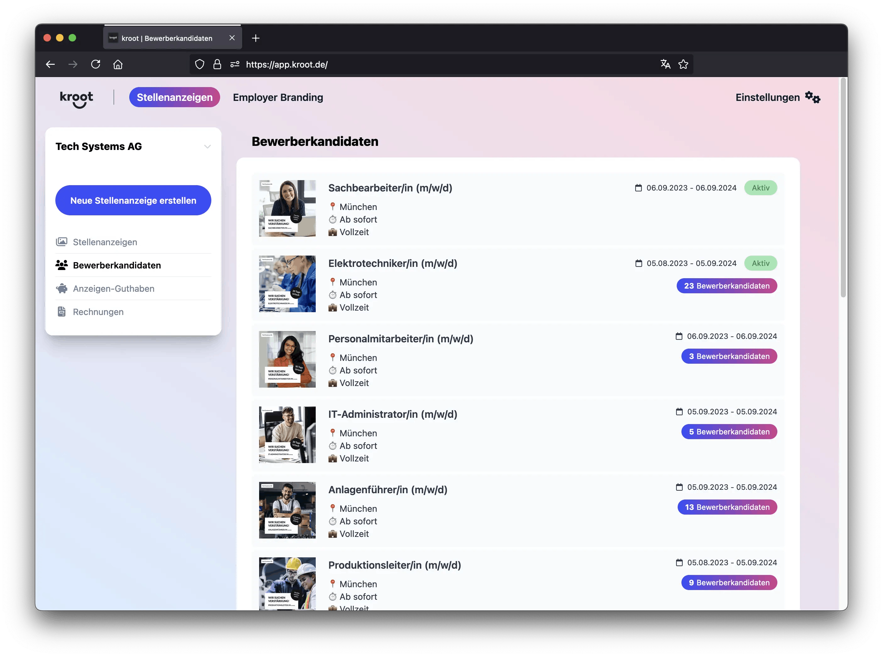 Overview of active job ads with the number of applicants