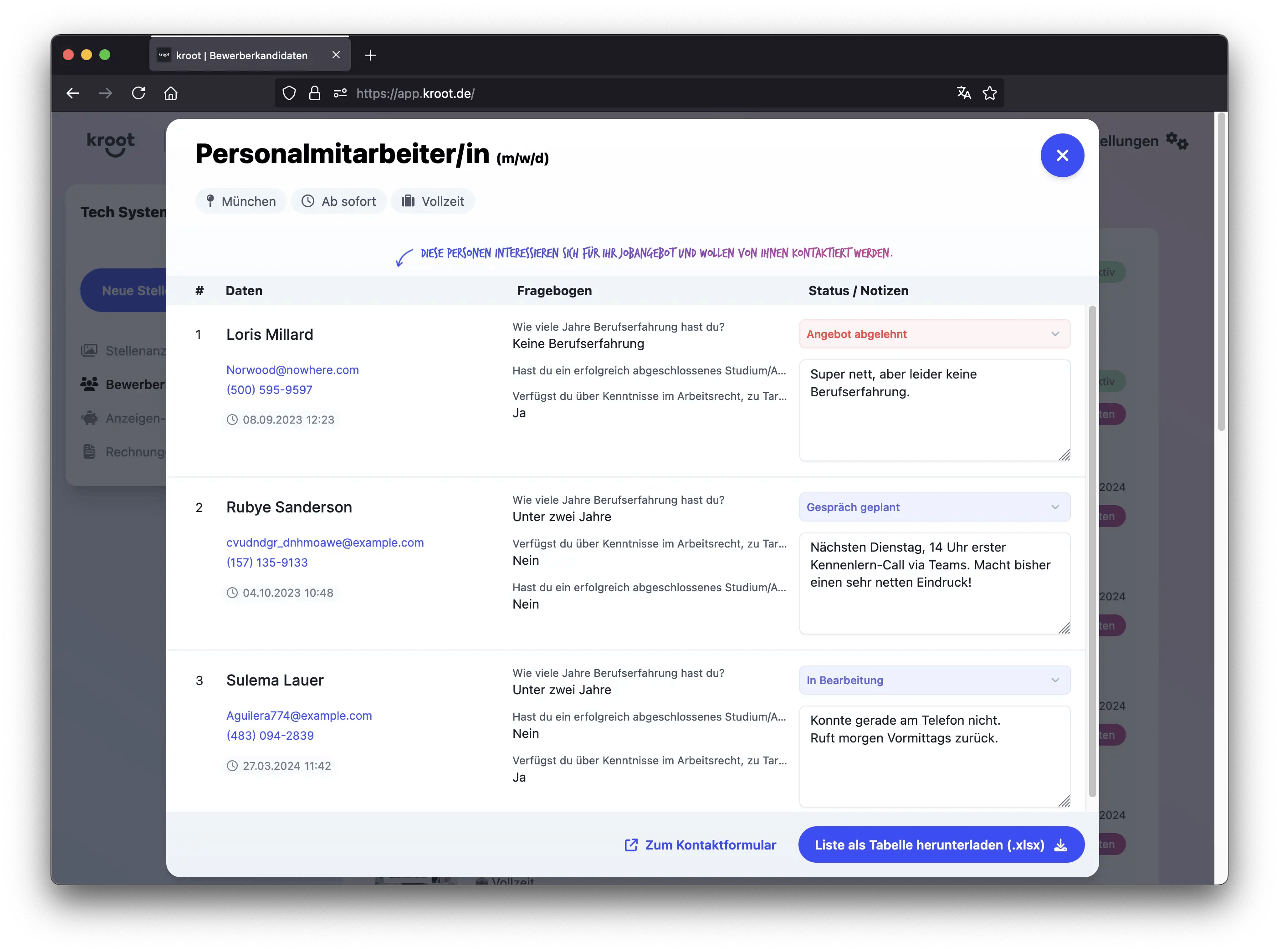 Detail view of the job ad with applicant data, status, and notes