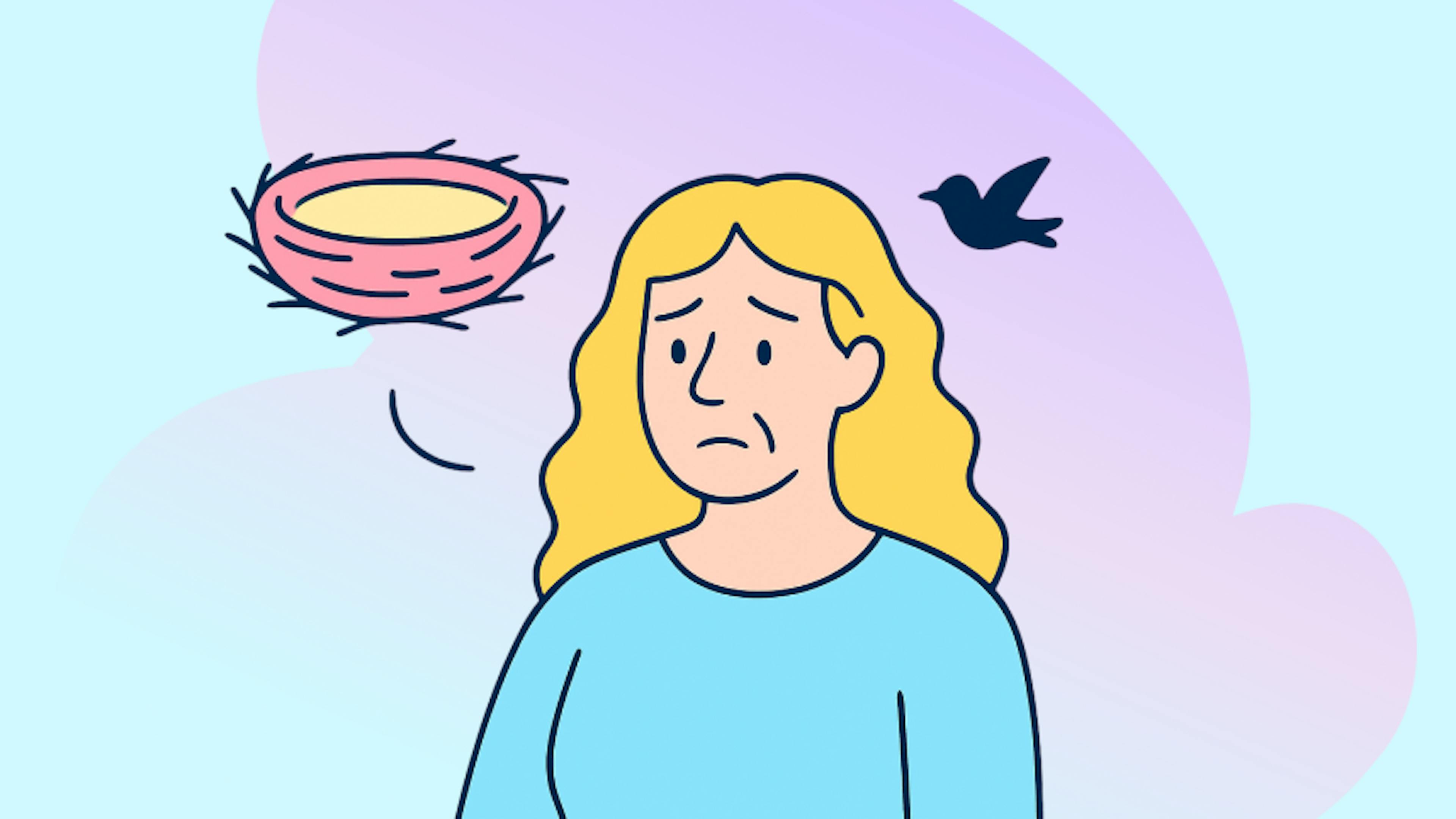 Ilustrácia ženy so smutným výrazom, ktorá stojí vedľa prázdneho hniezda a odlietajúceho vtáka. Symbolizuje pocit prázdnoty po odchode detí z domu.