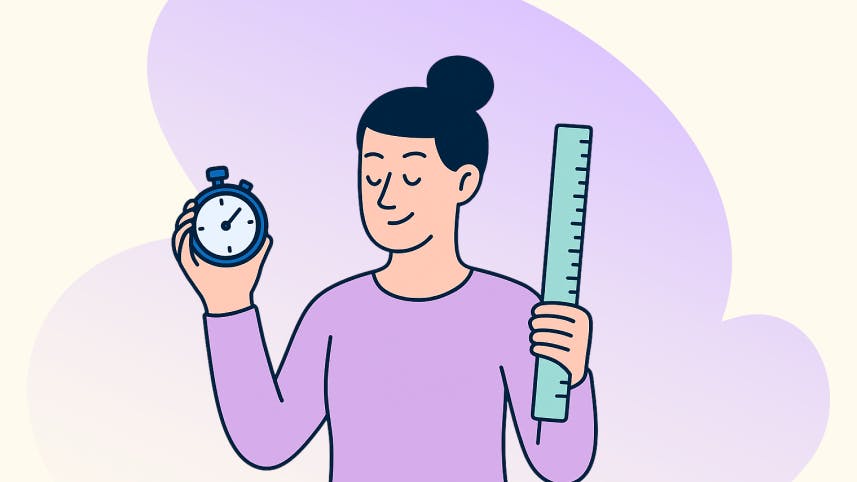 Ilustrácia ženy s pokojnou tvárou, ktorá drží v jednej ruke stopky a v druhej pravítko. Symbolizuje disciplínu, organizovanosť a sebaovládanie.