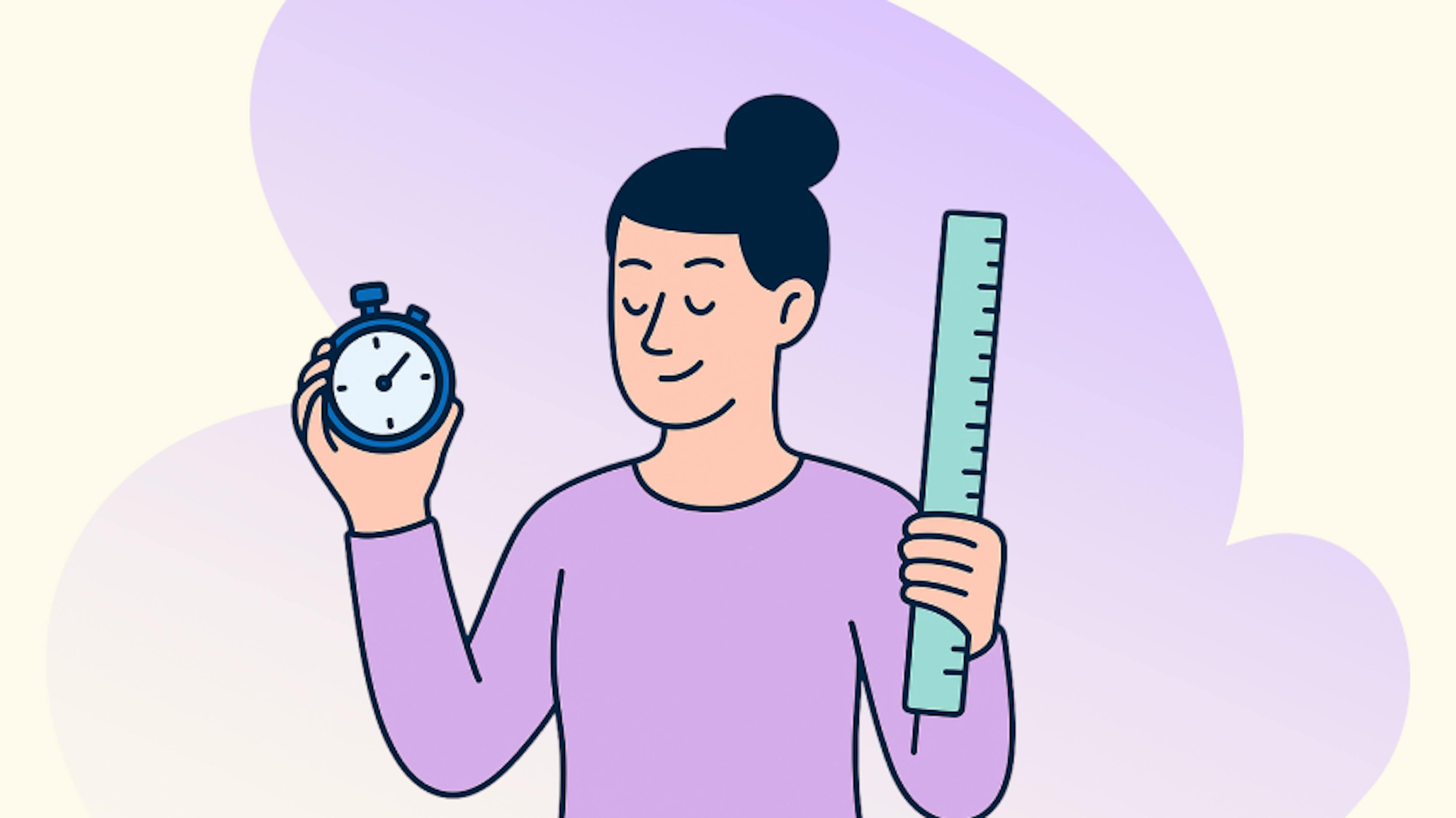 Ilustrácia ženy s pokojnou tvárou, ktorá drží v jednej ruke stopky a v druhej pravítko. Symbolizuje disciplínu, organizovanosť a sebaovládanie.