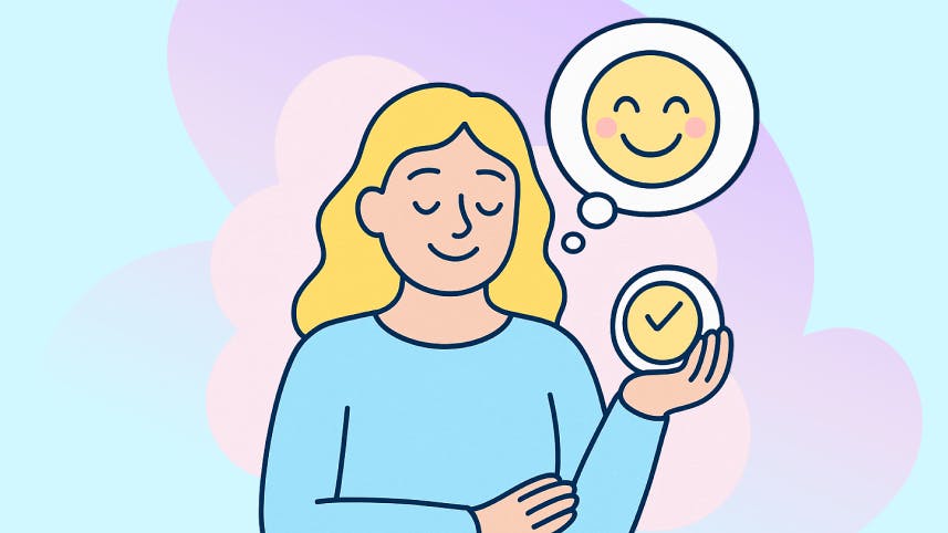 Ilustrácia ženy so zatvorenými očami a jemným úsmevom, ktorá drží symbol hodín a nad hlavou má bublinu s usmiatym smajlíkom. Vyjadruje spomienkový optimizmus – tendenciu pamätať si minulosť v pozitívnejšom svetle.