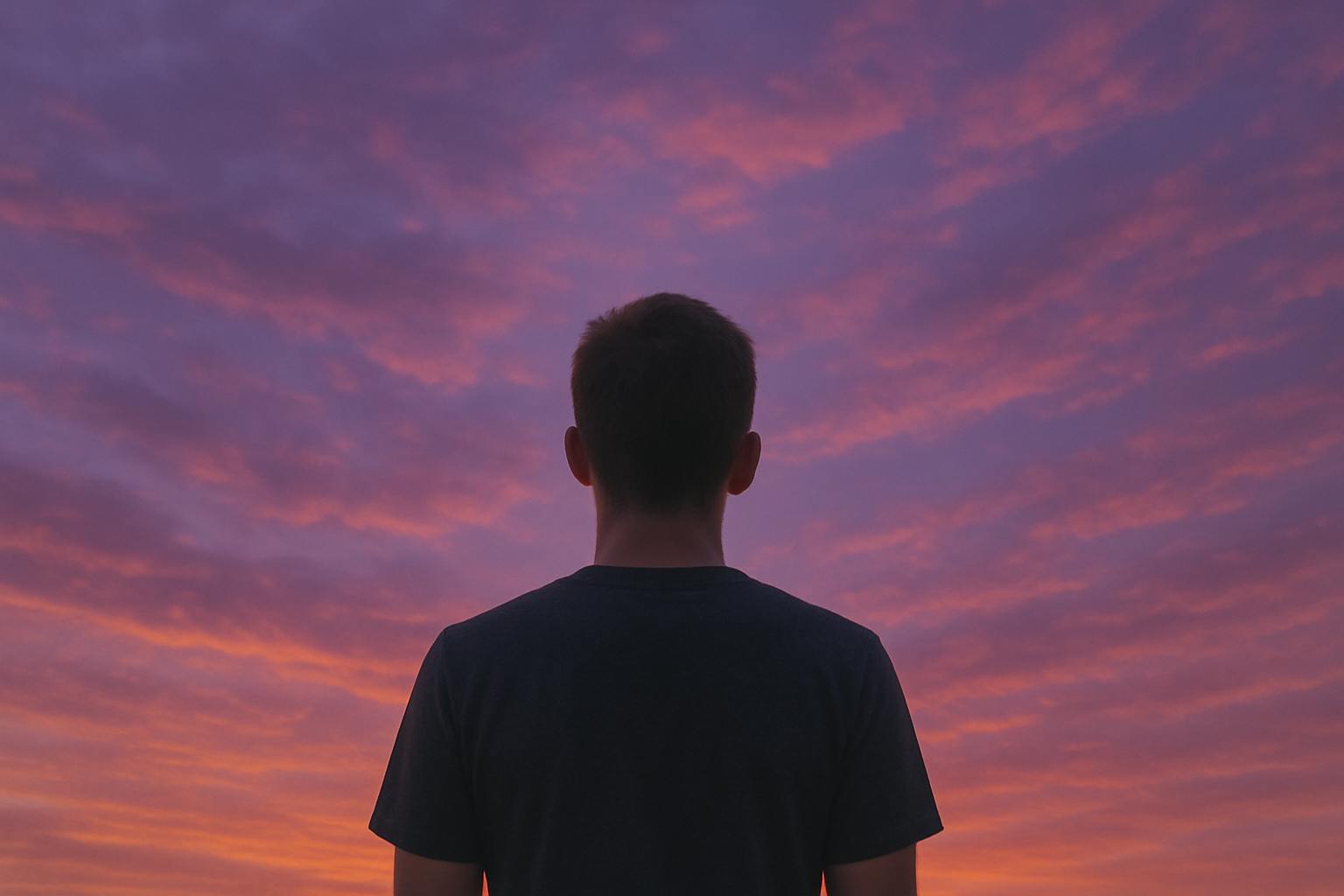 Man som står framför en lila himmel