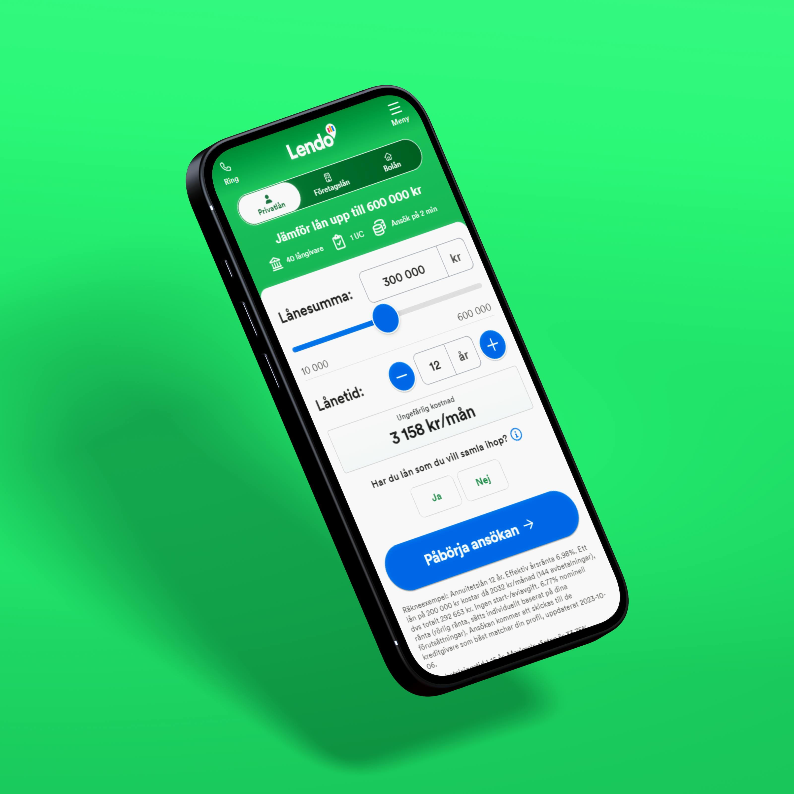 Mockup of a mobile phone with Lendo's website on the screen