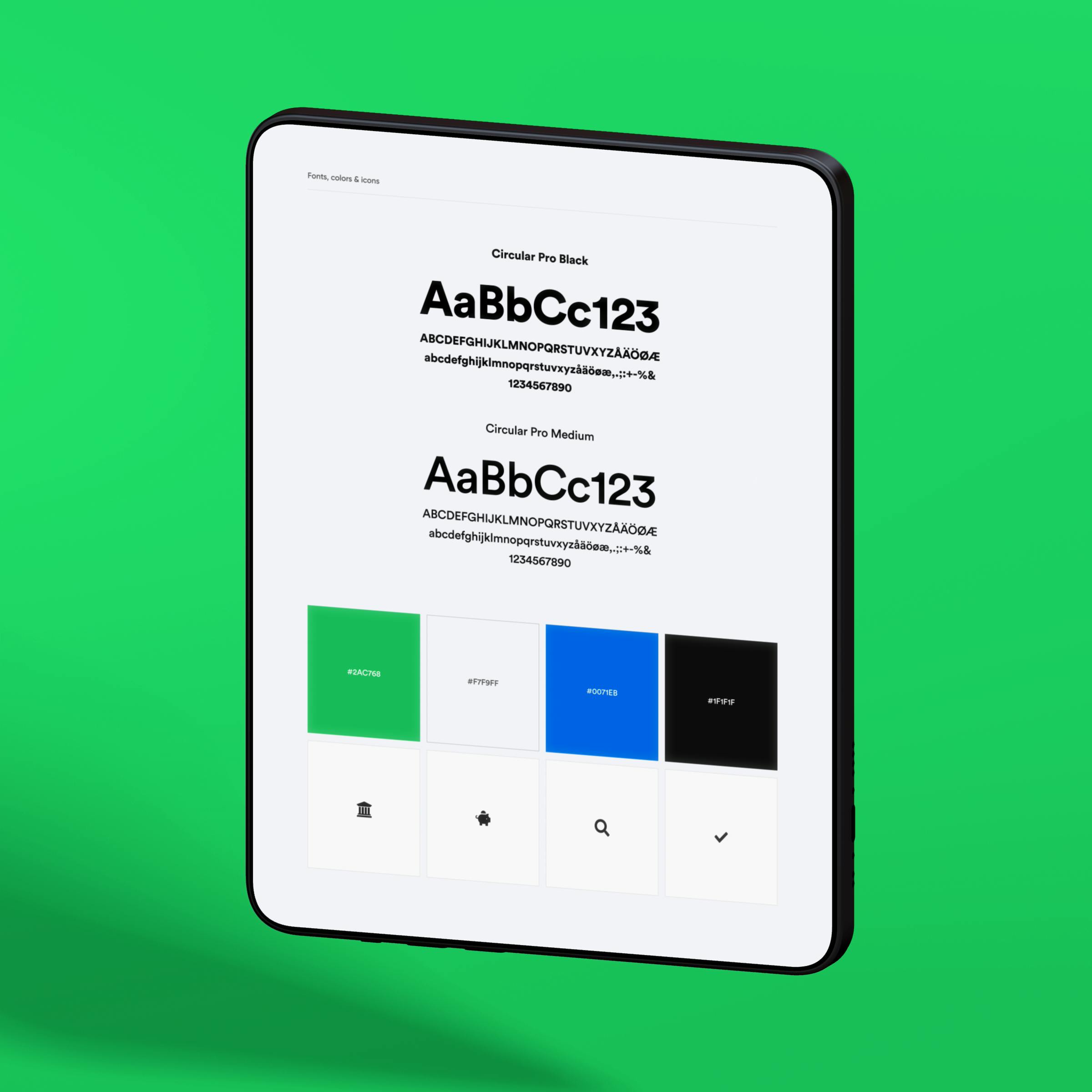 Mockup av en tablet med Lendos brand guidelines på skärmen