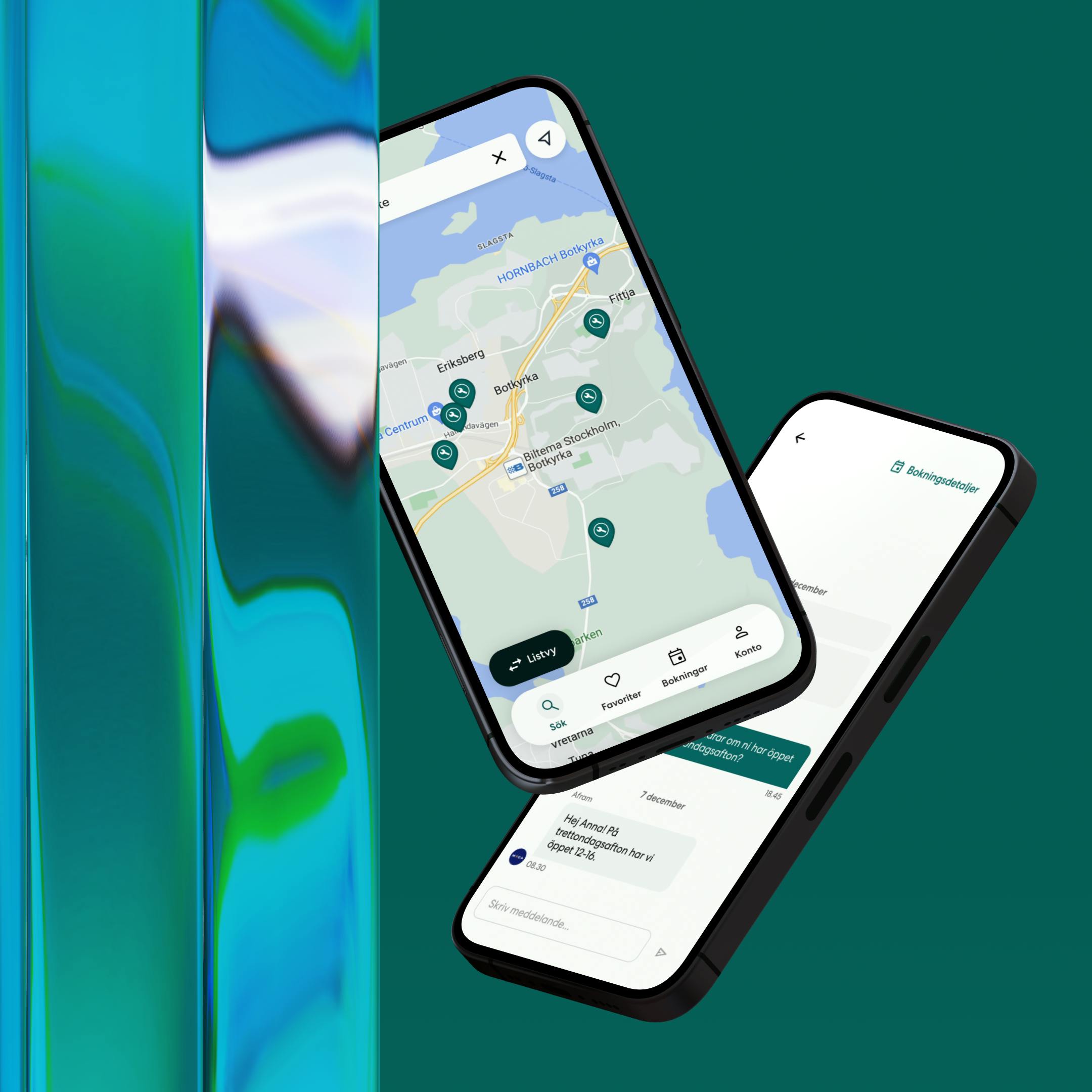 Mockups av mobiltelefoner som flyger och visar Radeito-appen på skärmen som Kumpan har utvecklat.