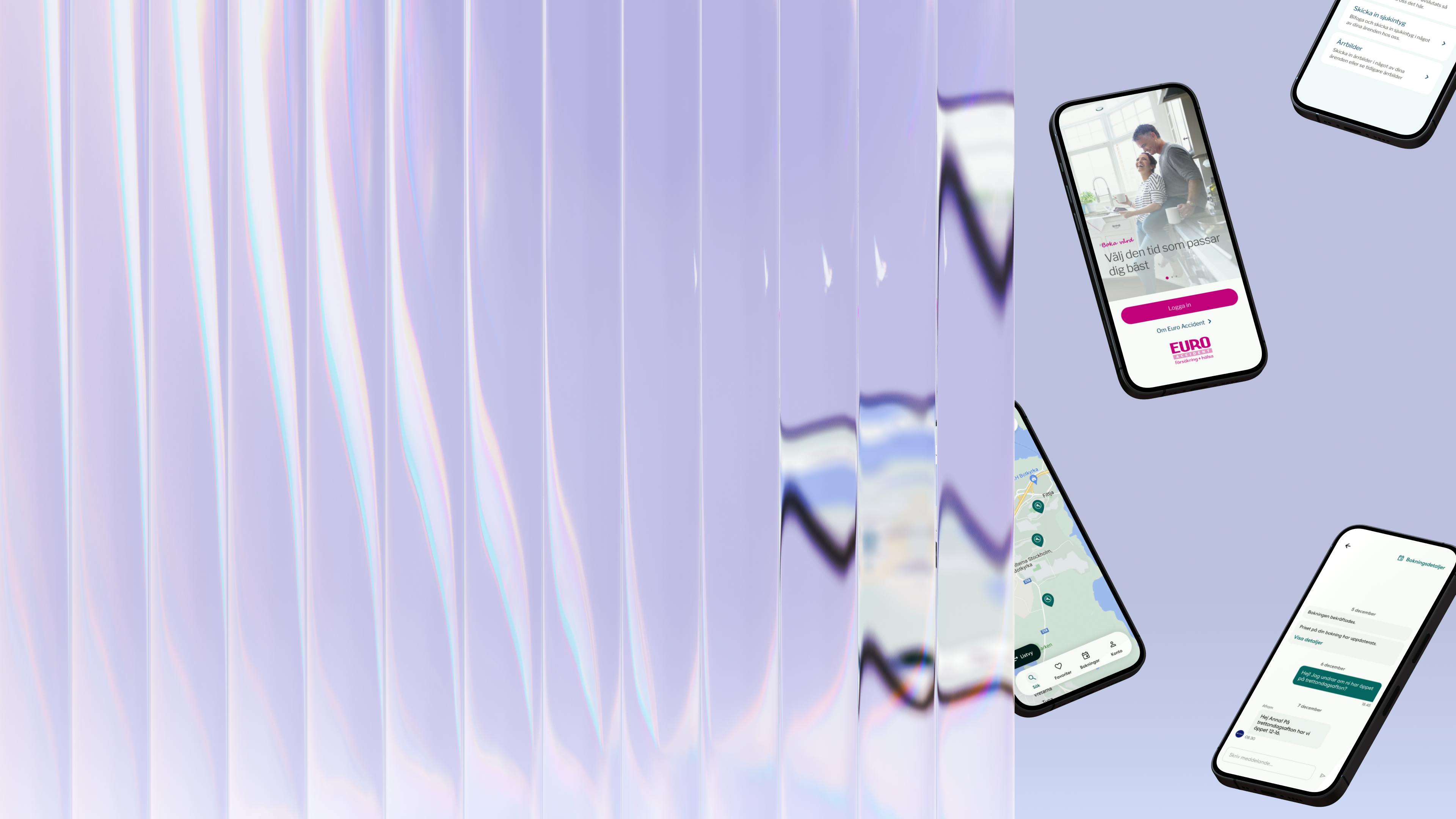 Mockups av mobiltelefoner som flyger och visar appar på skärmen som Kumpan har utvecklat.
