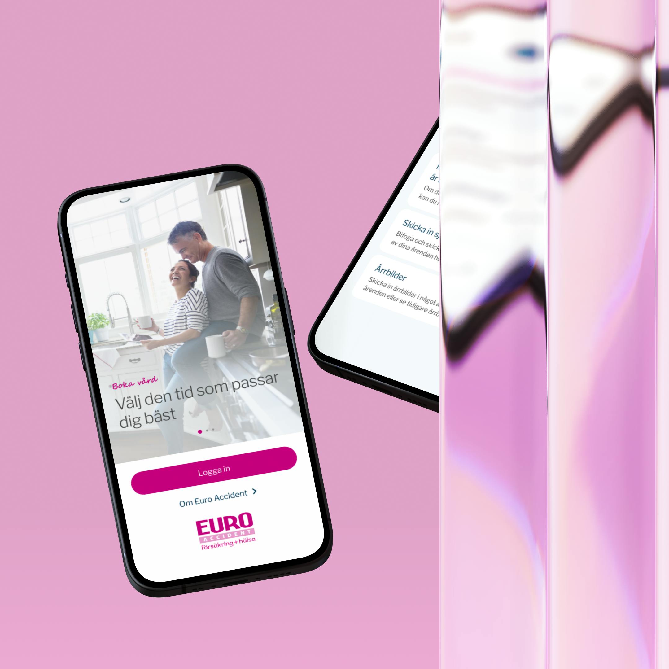 Mockups av mobiltelefoner som flyger och visar Euro Accident-appen på skärmen som Kumpan har utvecklat.