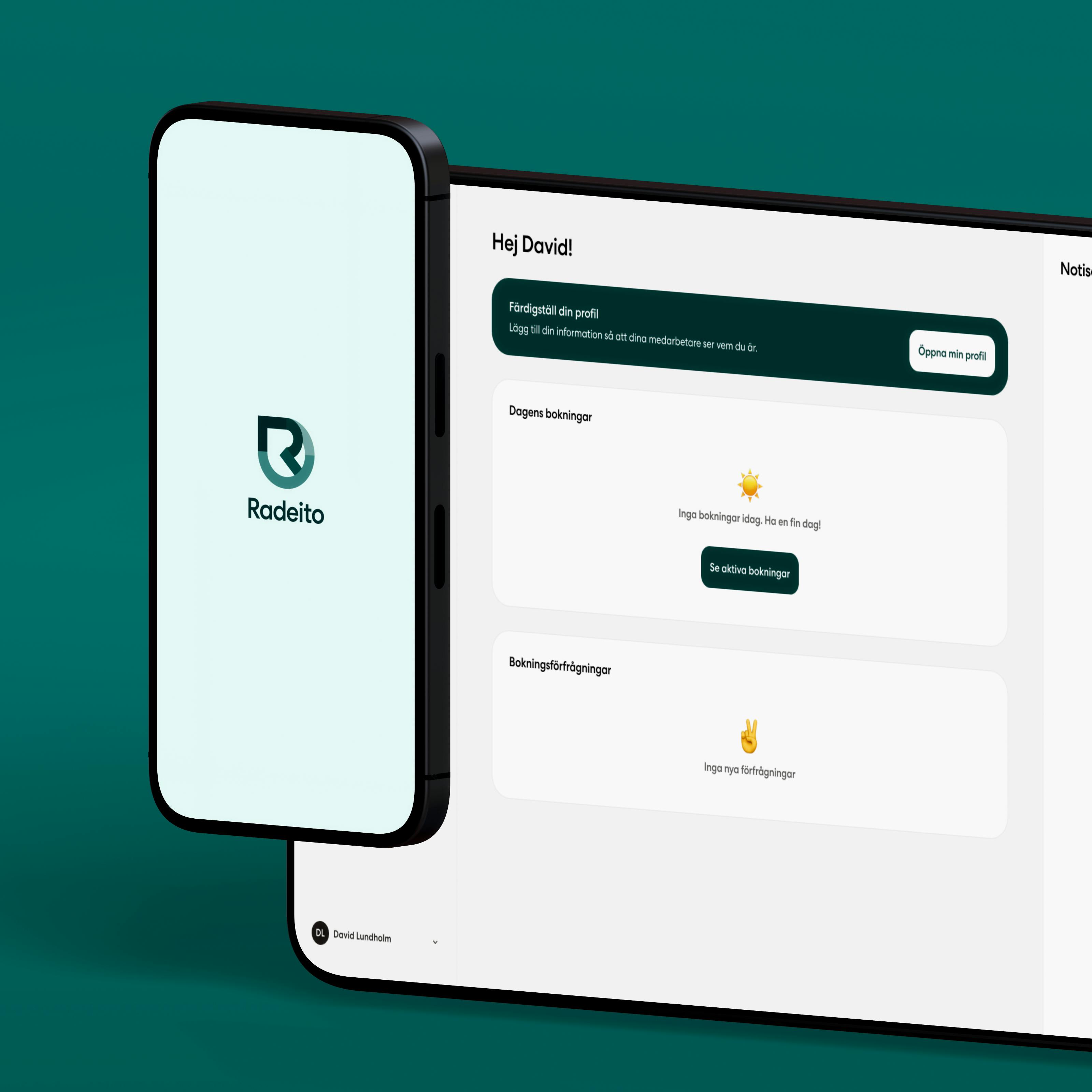 Mockups of a mobile phone and tablet flying and displaying the Radeito app on the screen, developed by Kumpan.