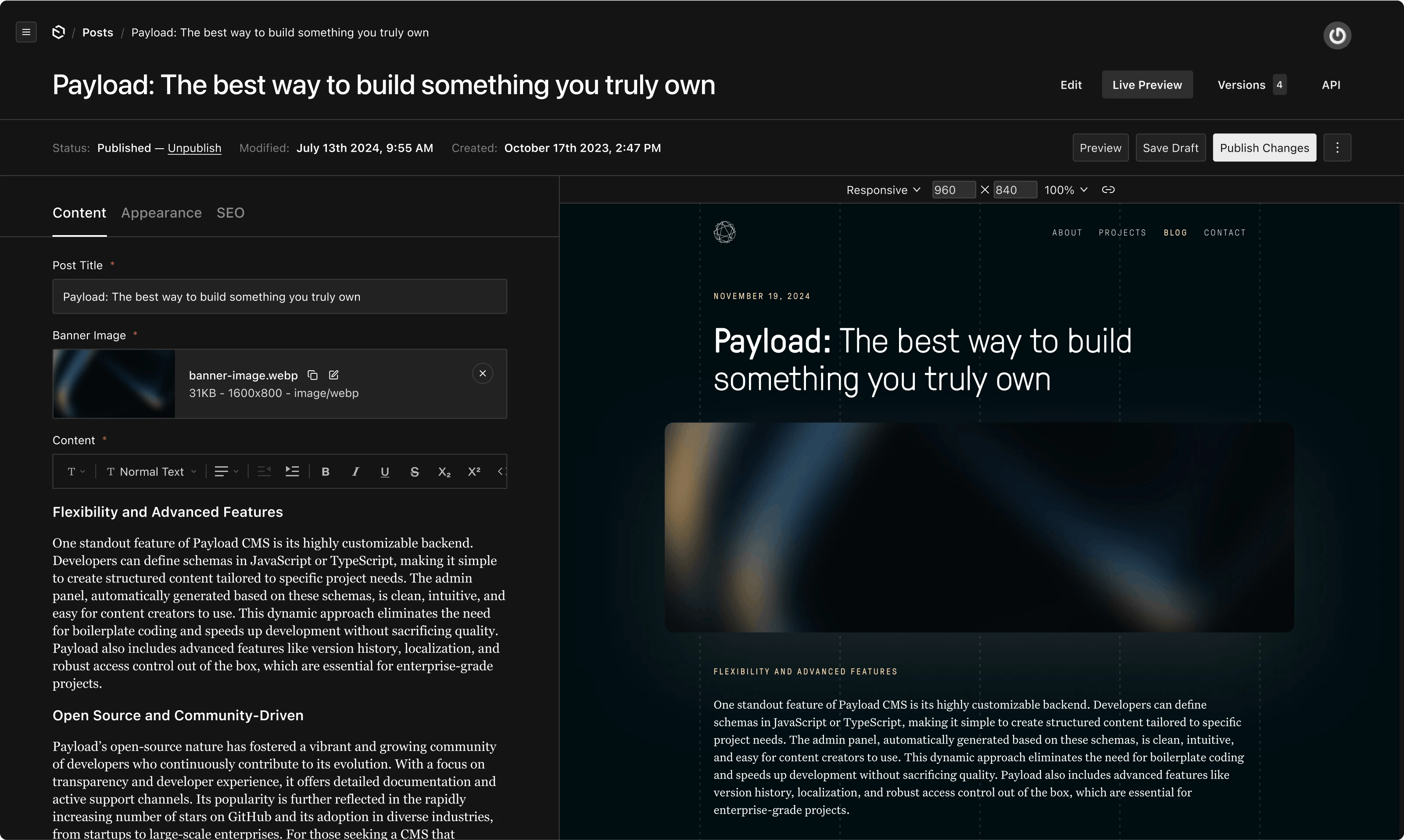 Screenshot from Payload CMS