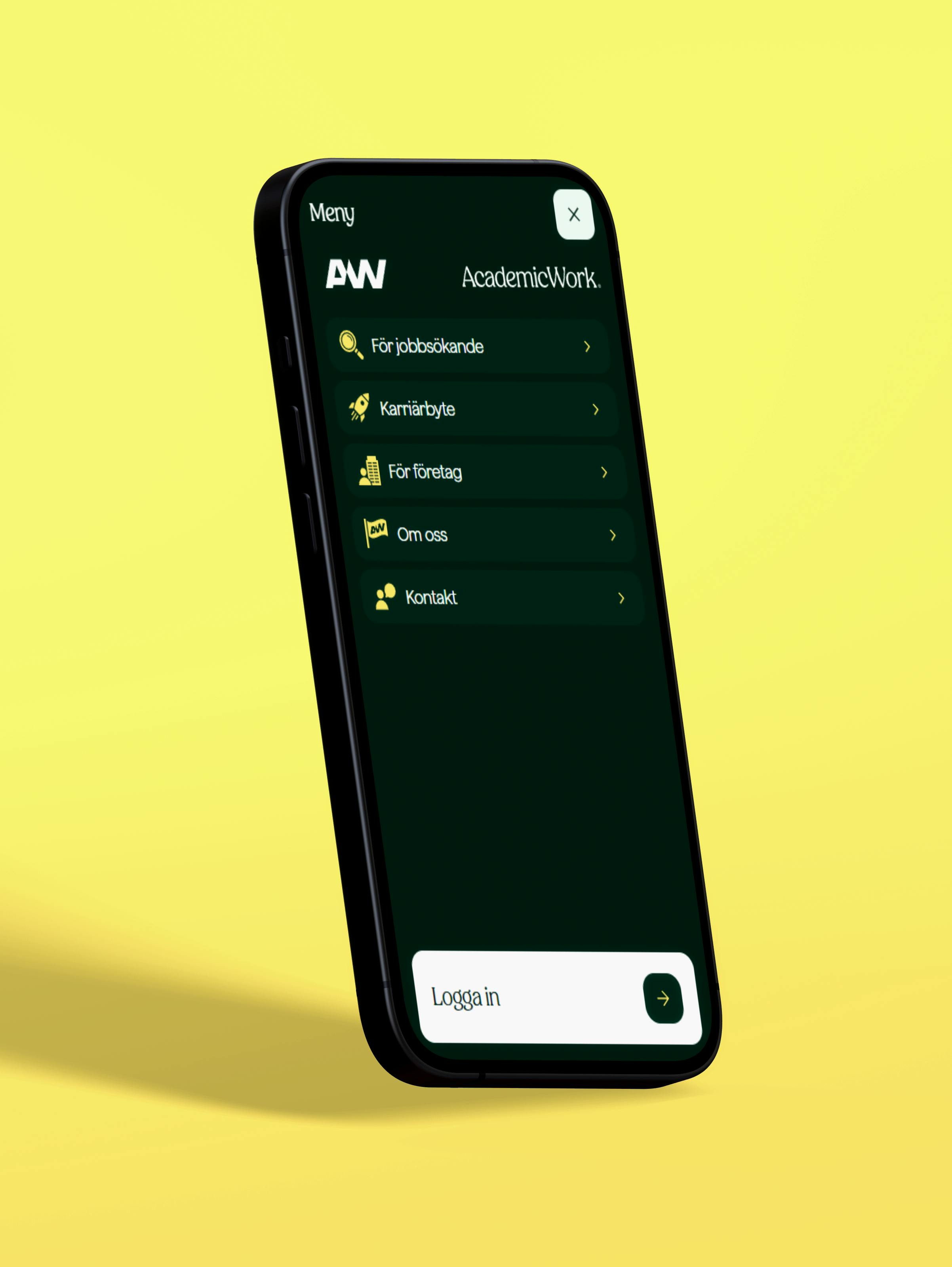 Mockups av mobiltelefon som flyger och visar Academic Work-webben på skärmen som Kumpan har utvecklat.